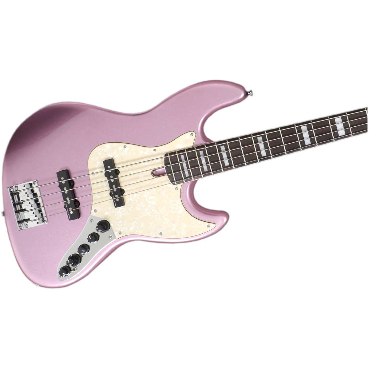 Sedefli pena korumalı ve gümüş donanımlı pembe elektro bas gitar.