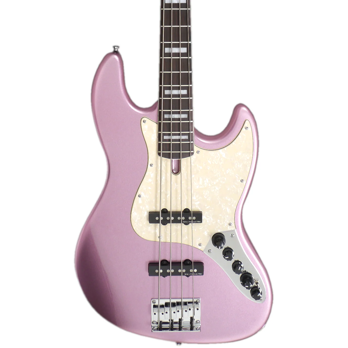 Sedefli pena korumalı ve siyah manyetikli pembe elektro bas gitar.