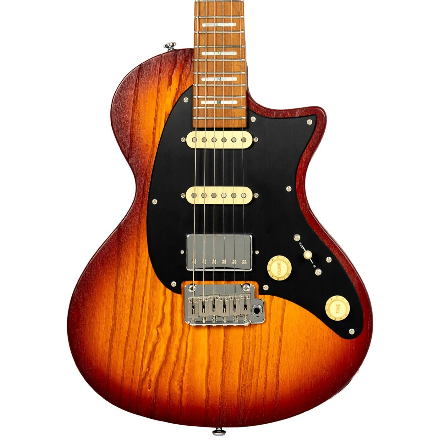 Siyah pena korumalı ve krom donanımlı sunburst elektro gitar, ortalanmış.