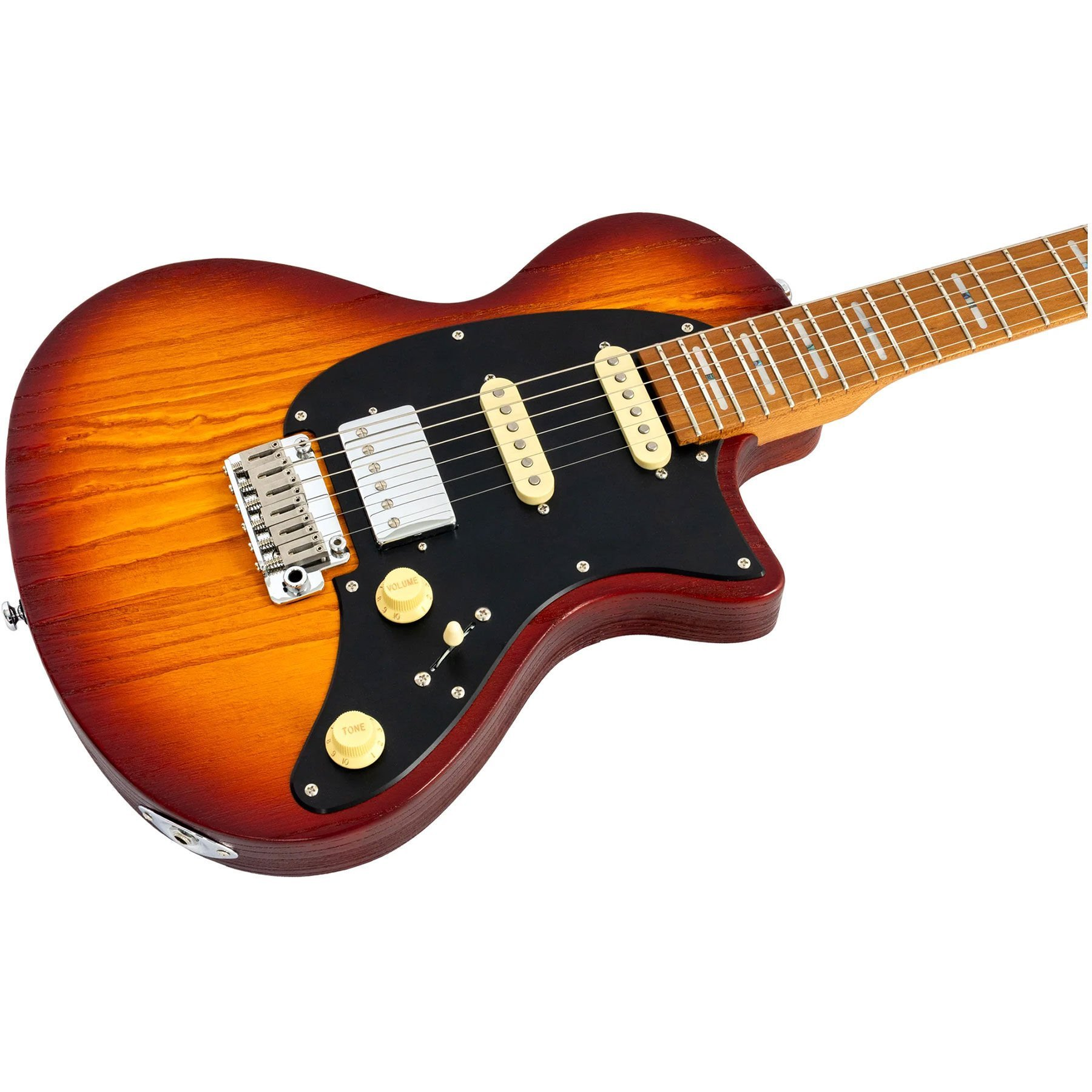 Sunburst bitişli, siyah pena korumalı, krem renkli manyetikli elektro gitar.