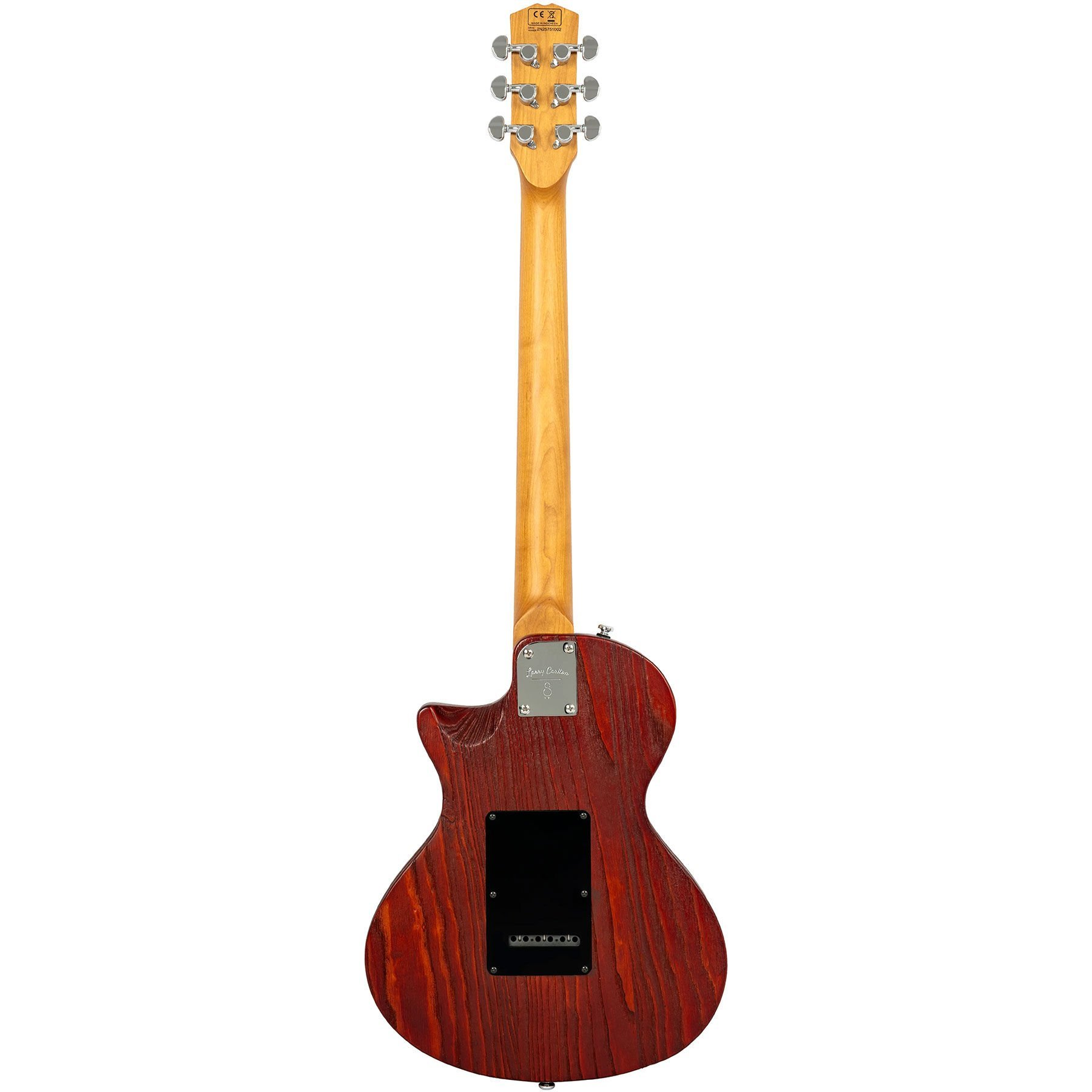 Açık damarlı ahşap ve gümüş donanıma sahip elektro gitarın arka görünümü.