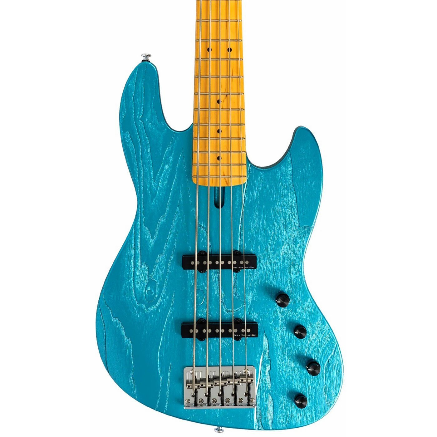 Sarı klavyeli ve siyah manyetikli mavi bas gitar.