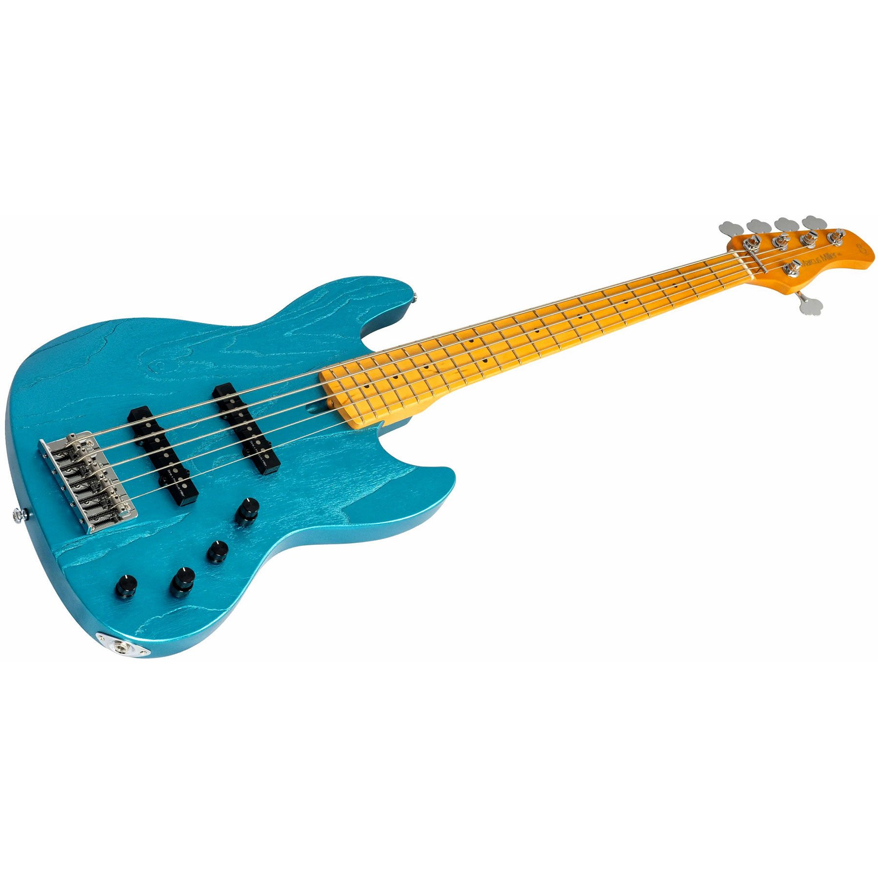 Sarı klavyeli, dört telli turkuaz bas gitar.