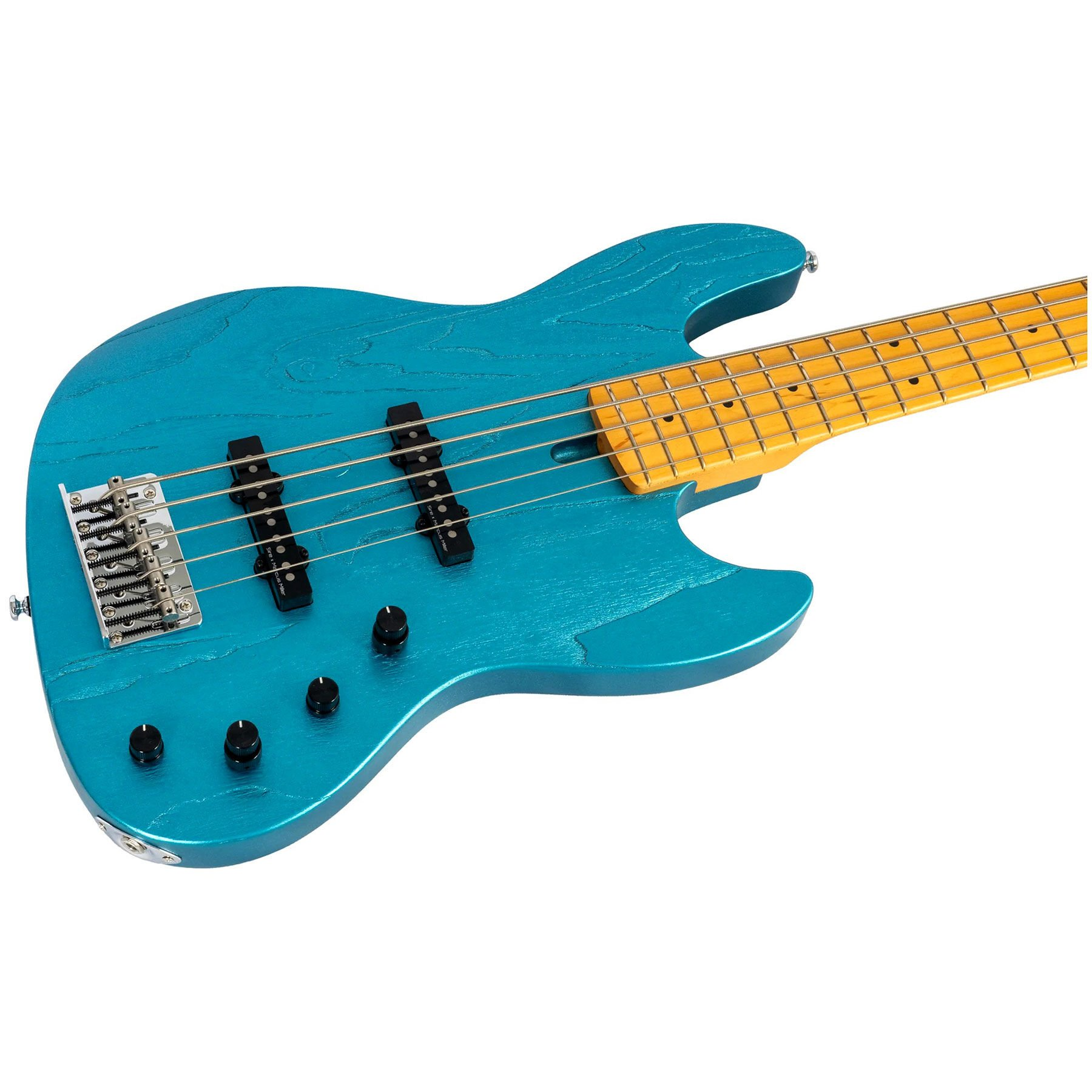 Sarı klavyeli mavi bas gitar gösteriliyor. Dört teli var.