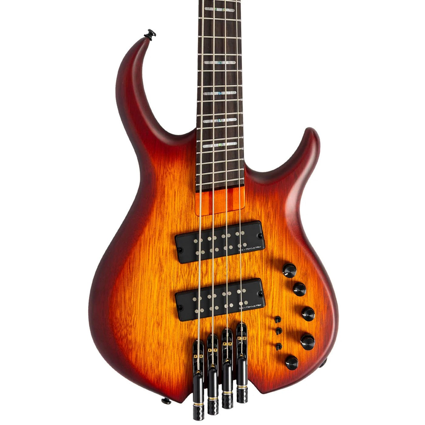 Turuncu-sarı damarlı ahşap bas gitar, iki manyetik ve siyah düğmeleri bulunur.