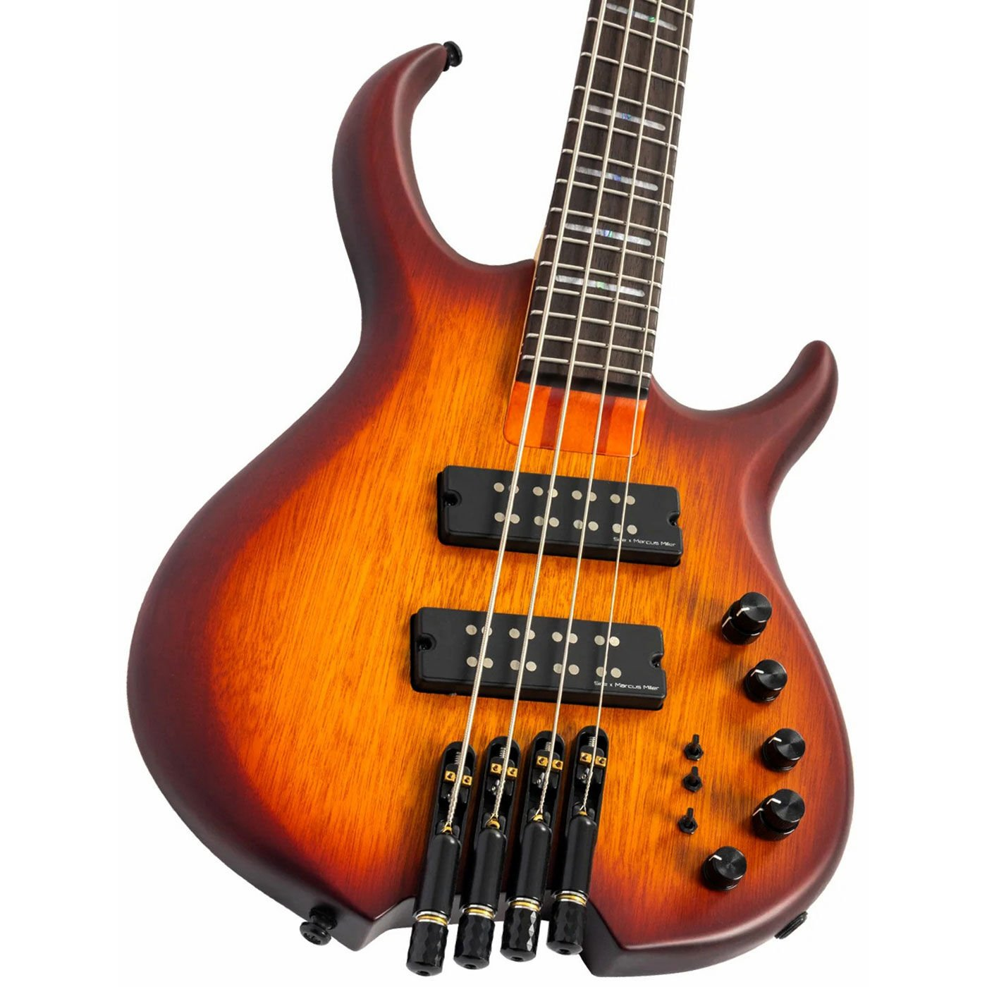 Siyah manyetikli ve altın köprü eyerli, turuncu renkli 5 telli bas gitar.