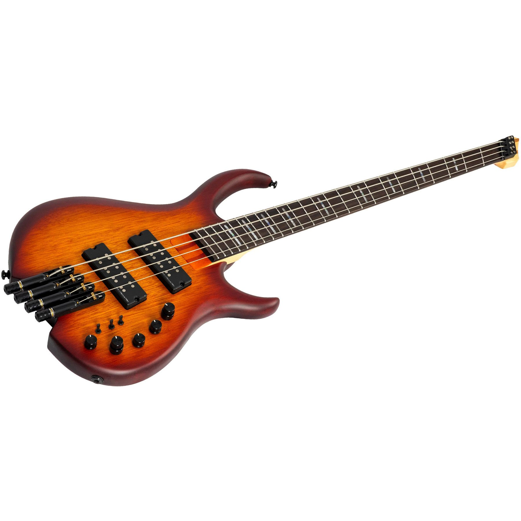 Gümüş ve siyah detaylara sahip kahverengi dört telli bas gitar.