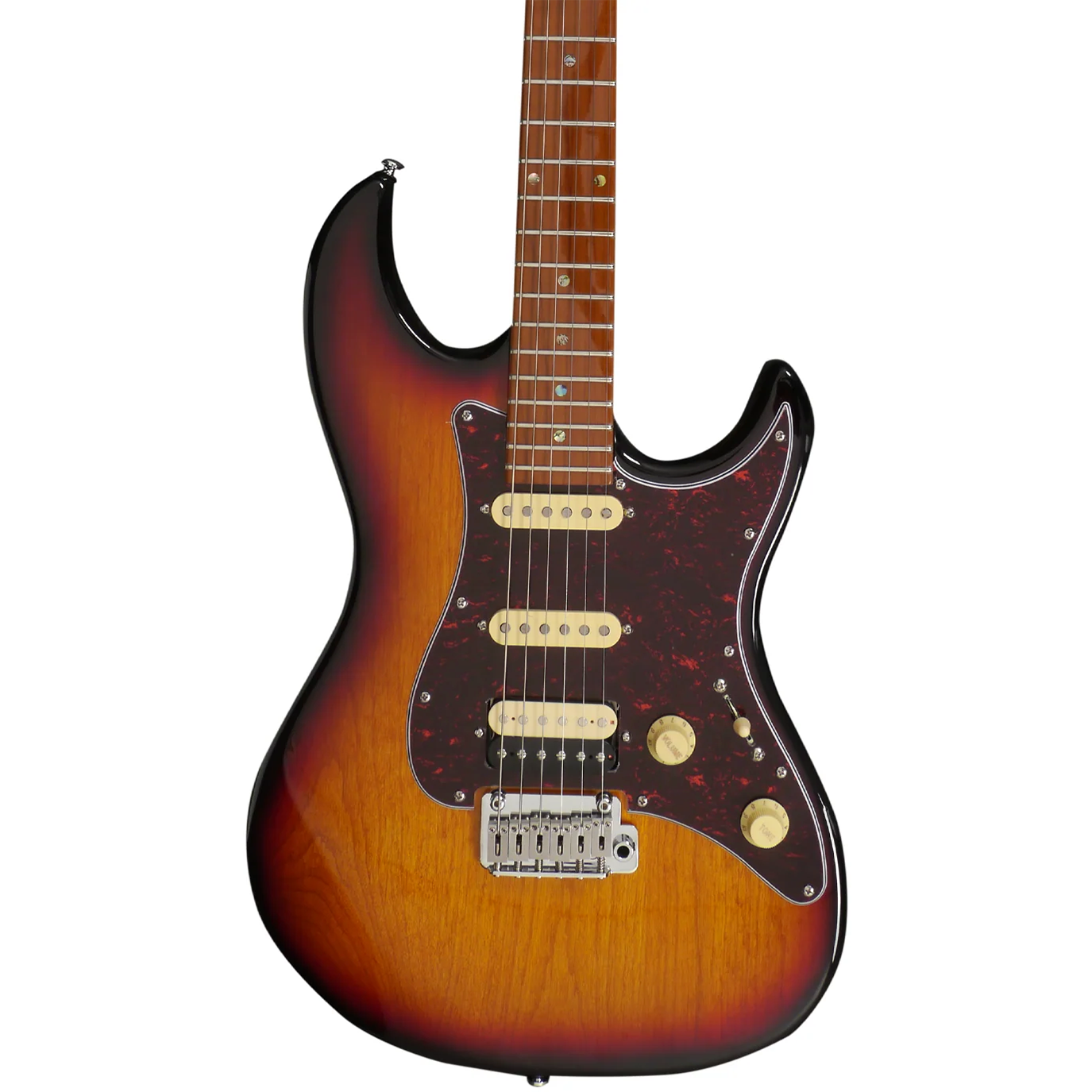 Güneş patlaması bitişli elektro gitar, manyetikler ve düğmeler.
