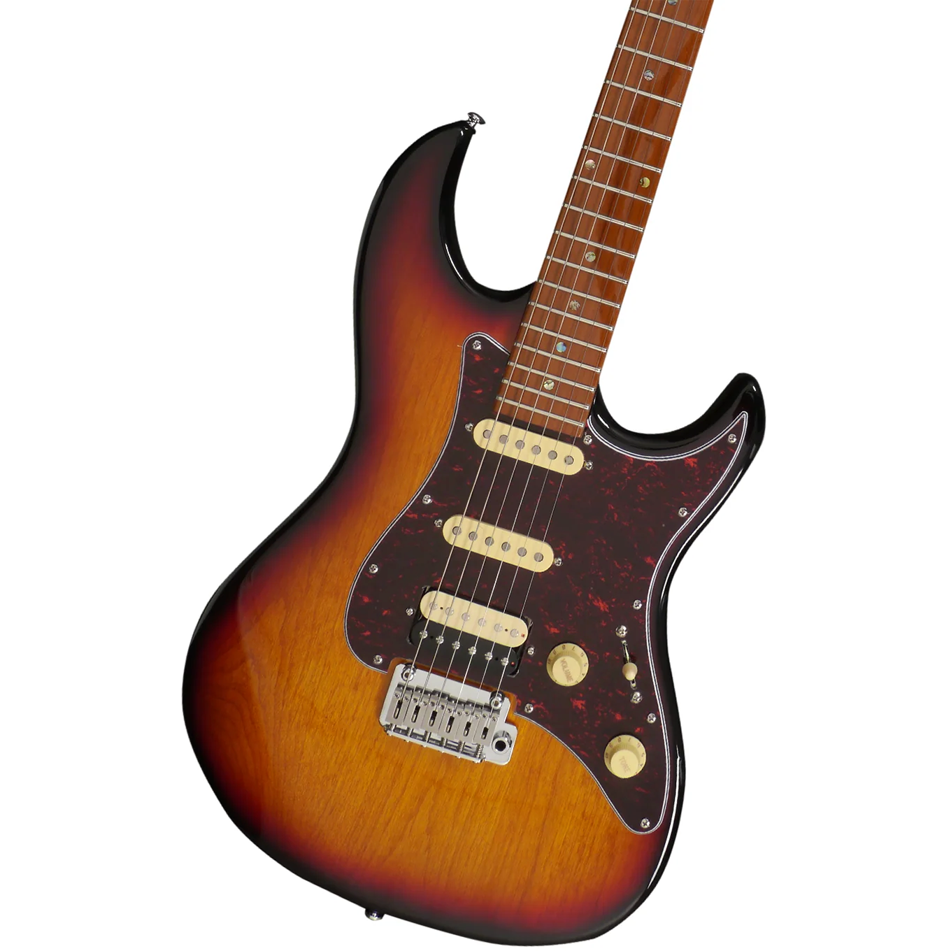 Güneş patlaması bitişli ve kaplumbağa kabuğu pena korumalı elektro gitar.