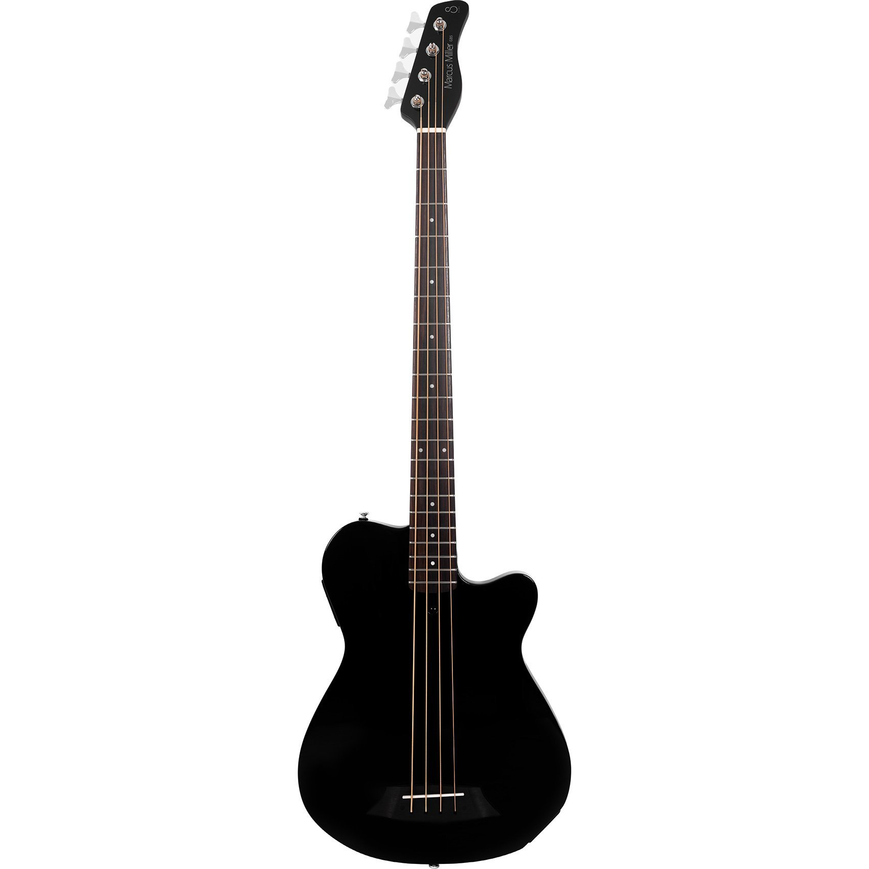Gövdesinde gümüş akort burguları bulunan siyah, dört telli elektro bas gitar.