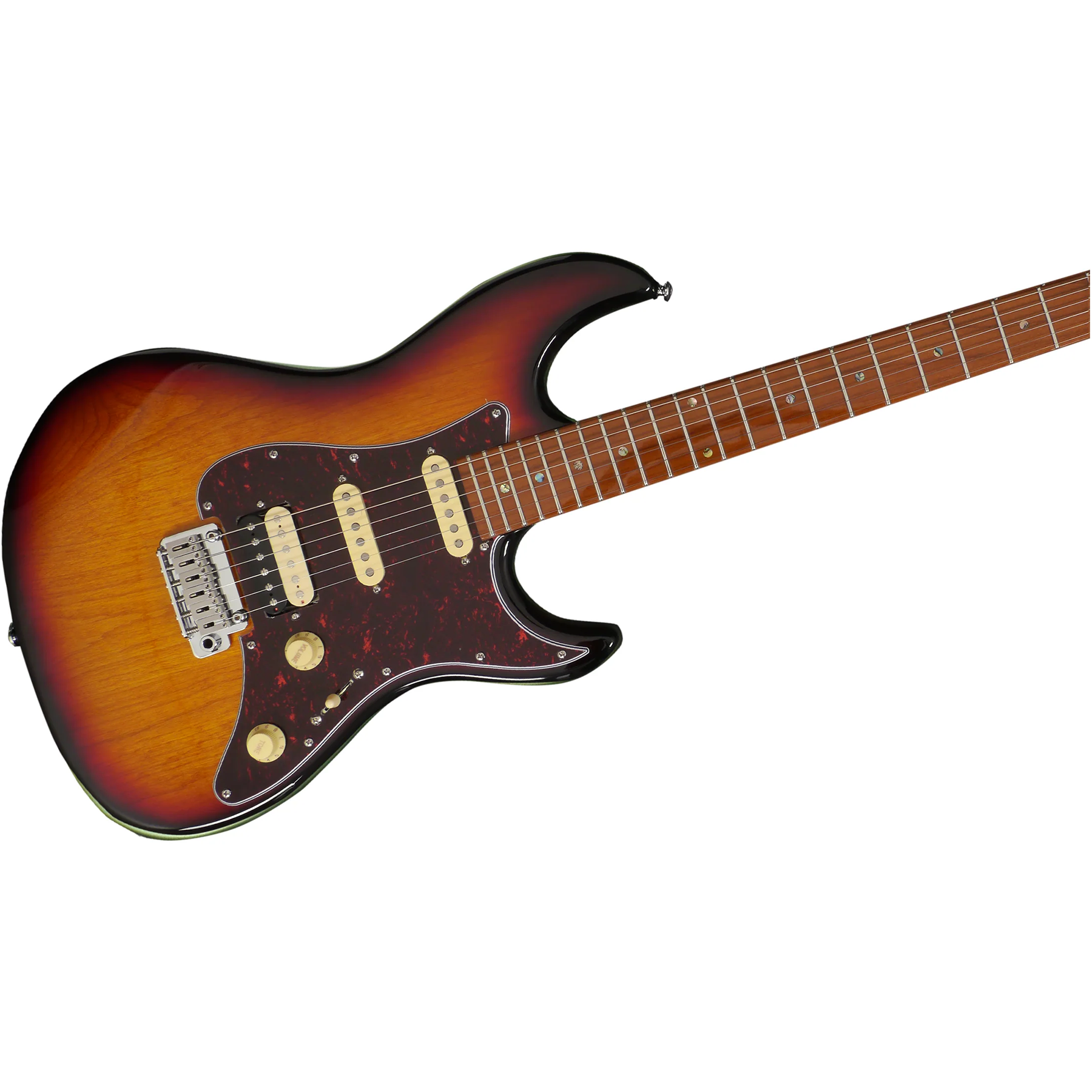 Kaplumbağa kabuğu desenli pickguard'a sahip, sunburst bitişli elektro gitar.