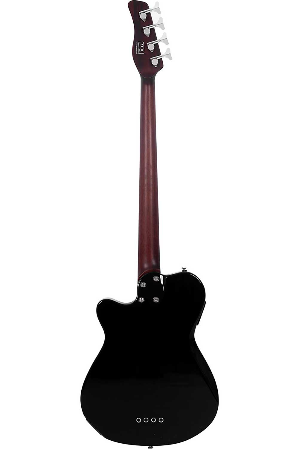 Koyu ahşap sapa ve gümüş burgulara sahip siyah bas gitar.