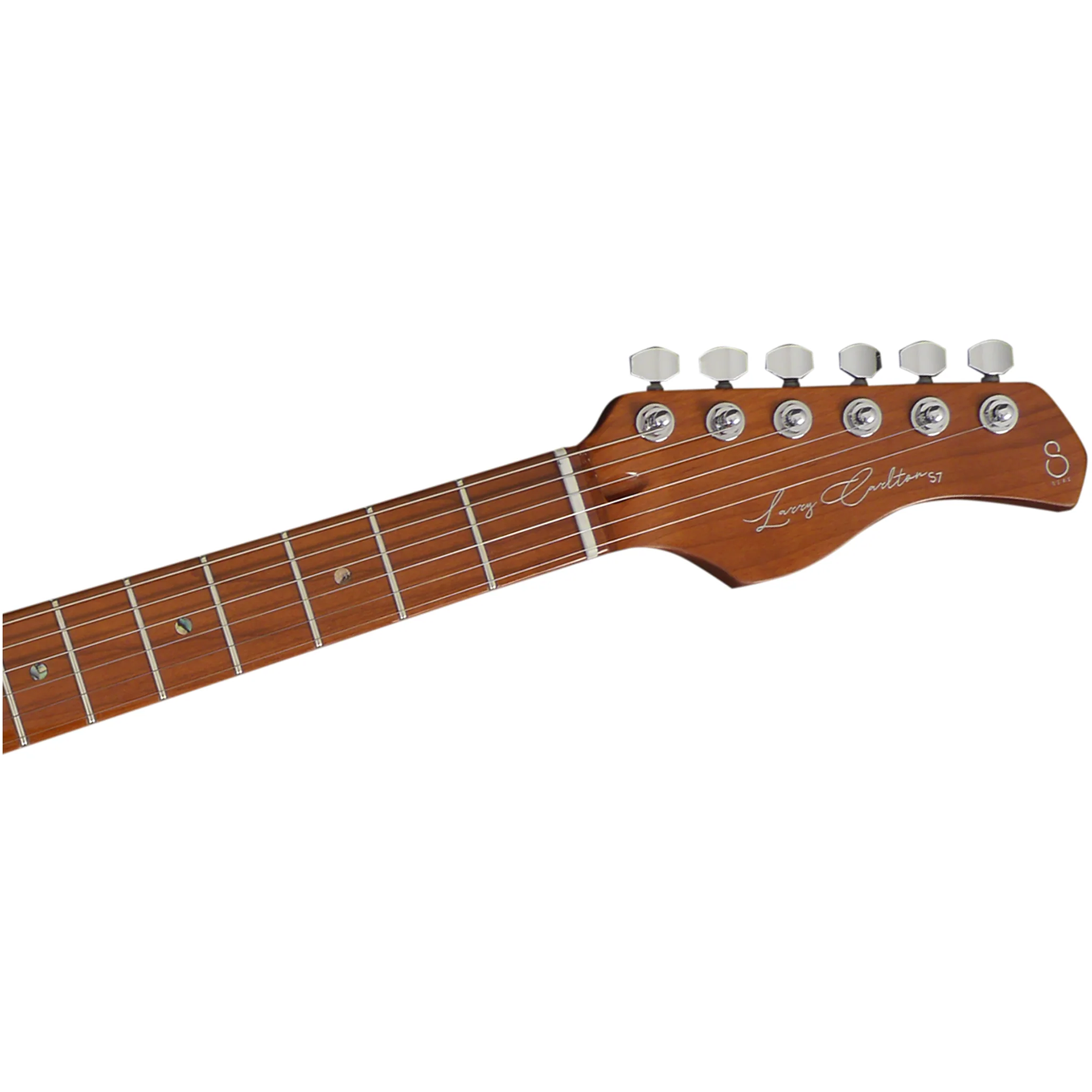 Altı gümüş burgu ve tel bulunan kahverengi gitar başlığı.