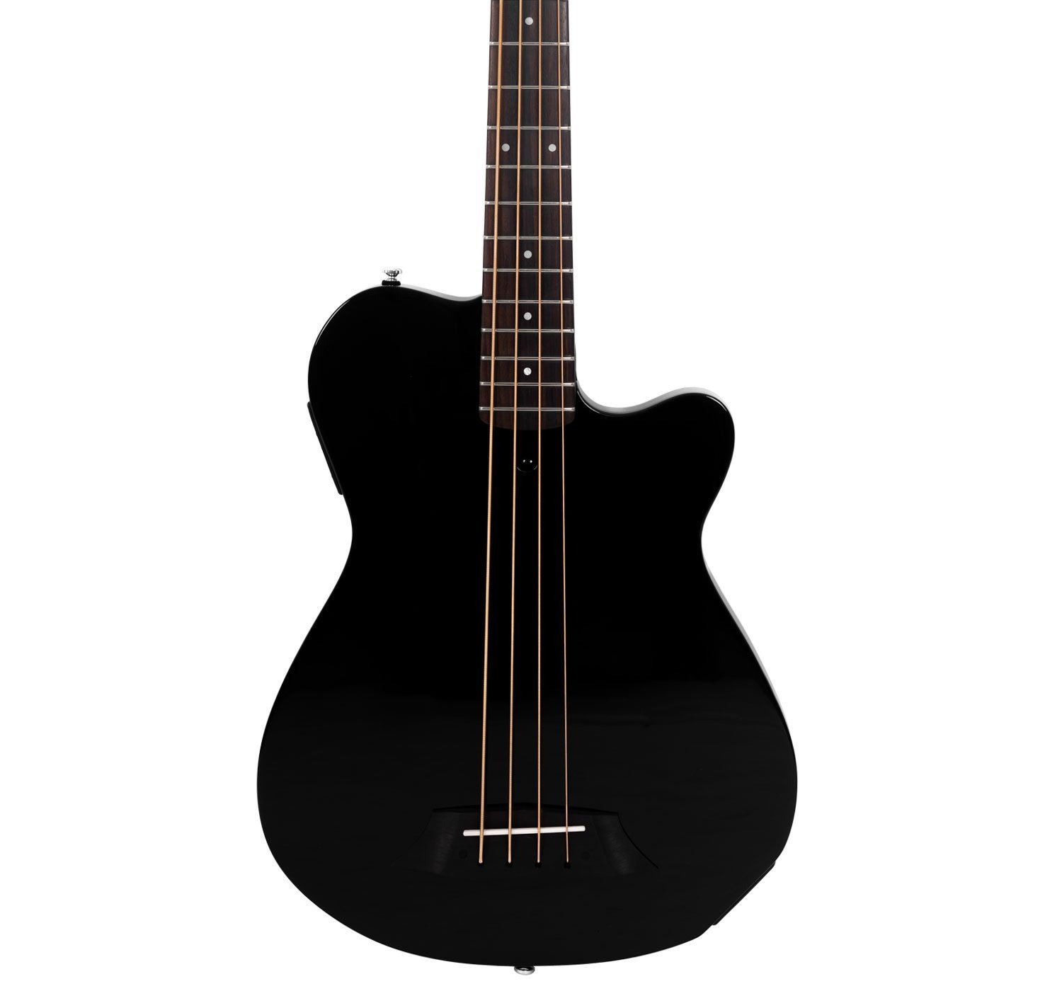 Dört telli, koyu klavyeli siyah akustik bas gitar.