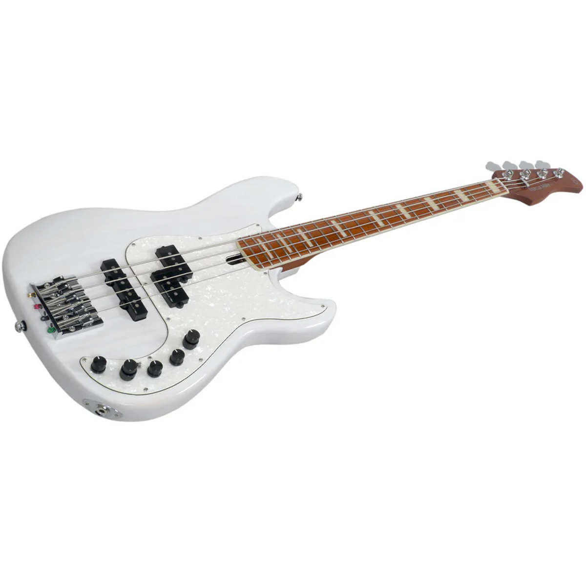 Kahverengi klavyeli, dört telli beyaz bir bas gitar.