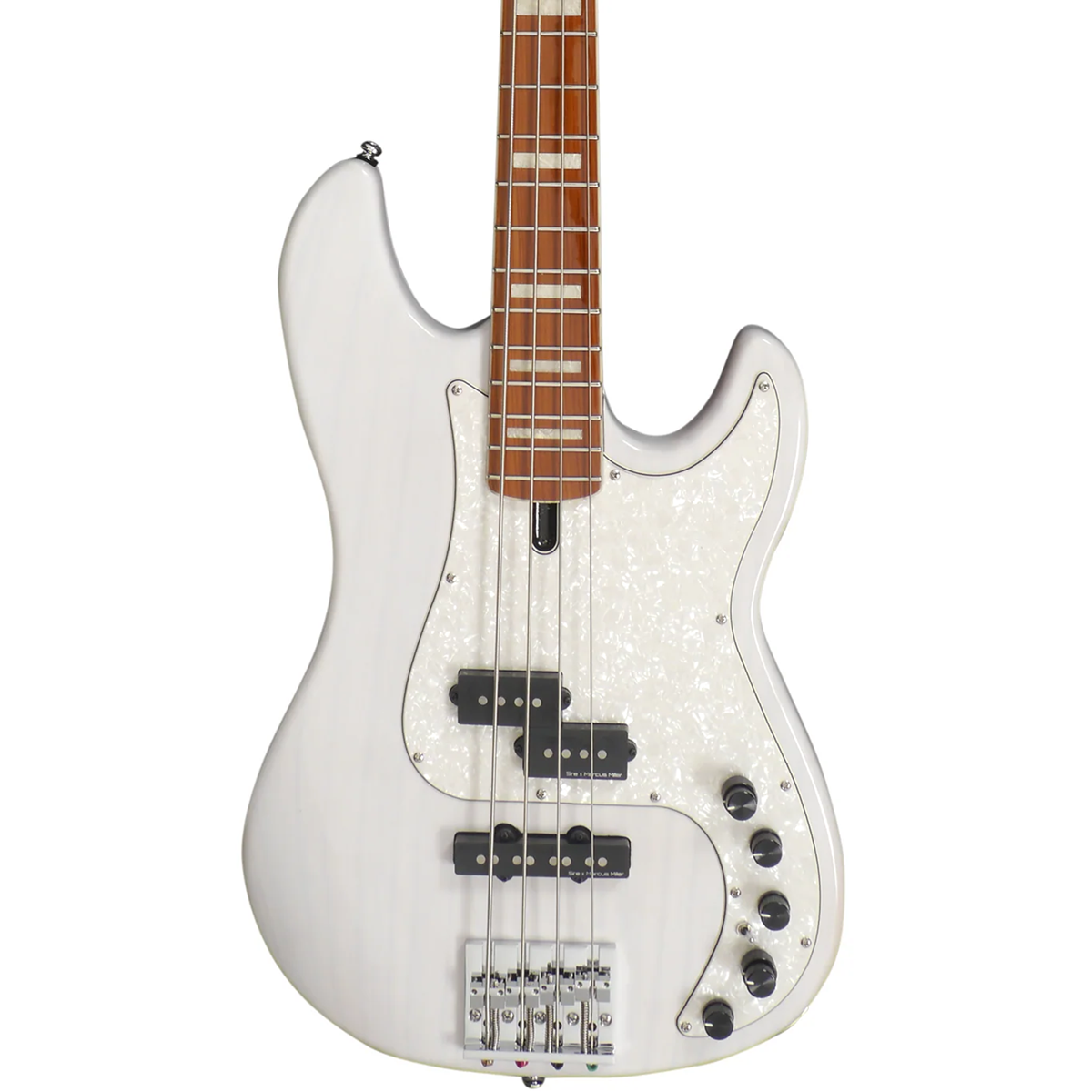 Kahverengi klavyeli ve sedefli pena korumalı beyaz elektro bas gitar.