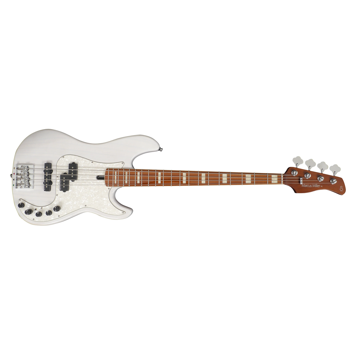 Kahverengi klavyeli ve gümüş donanımlı beyaz elektro bas gitar.