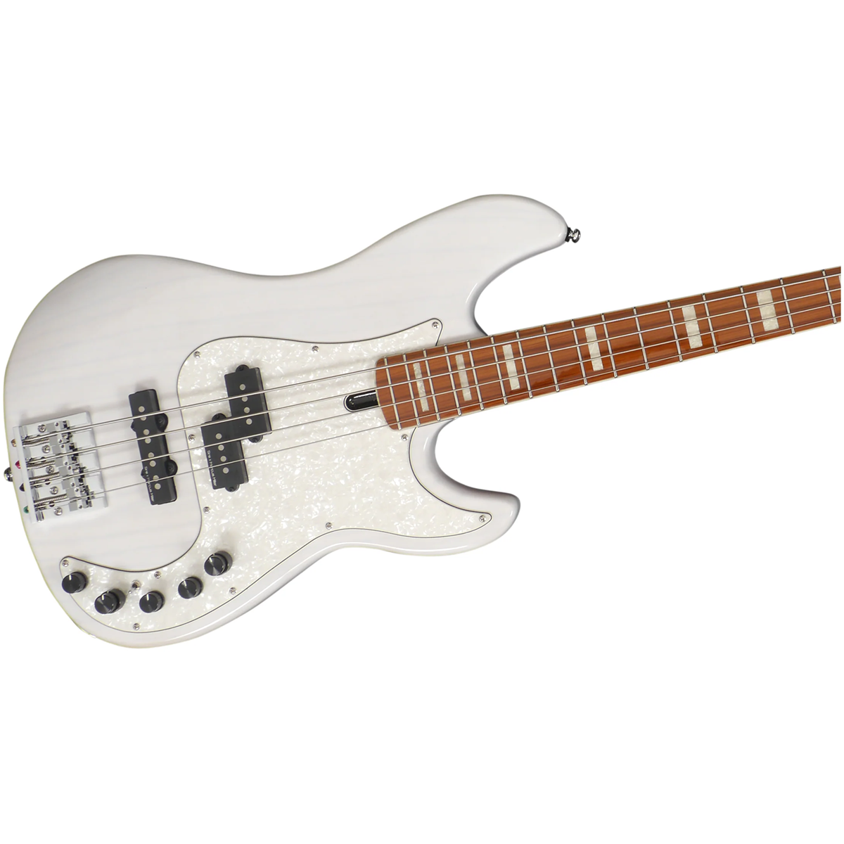 Kahverengi klavyeli ve sedefli pena korumalı beyaz elektro bas gitar.