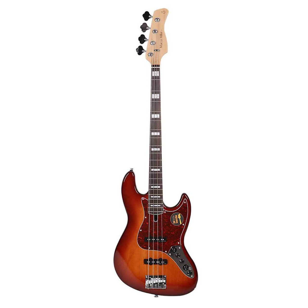 Kaplumbağa kabuğu desenli pickguard'lı, sunburst kahverengi dört telli bas gitar.