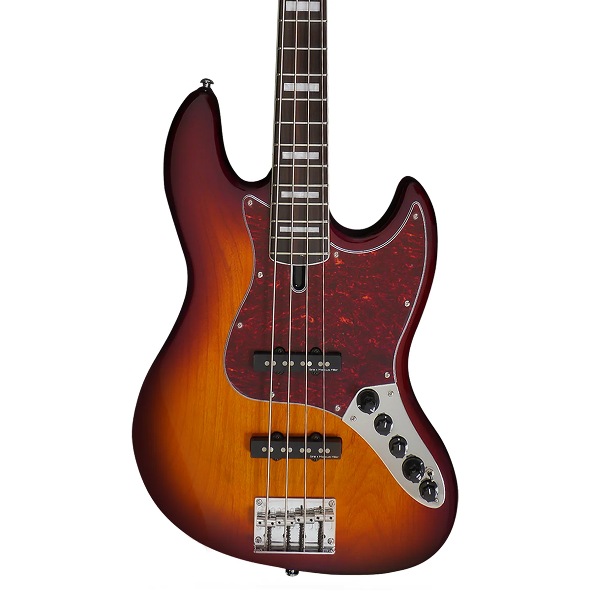 Kaplumbağa kabuğu pickguard'lı, sunburst bitişli bas gitar gövdesi.