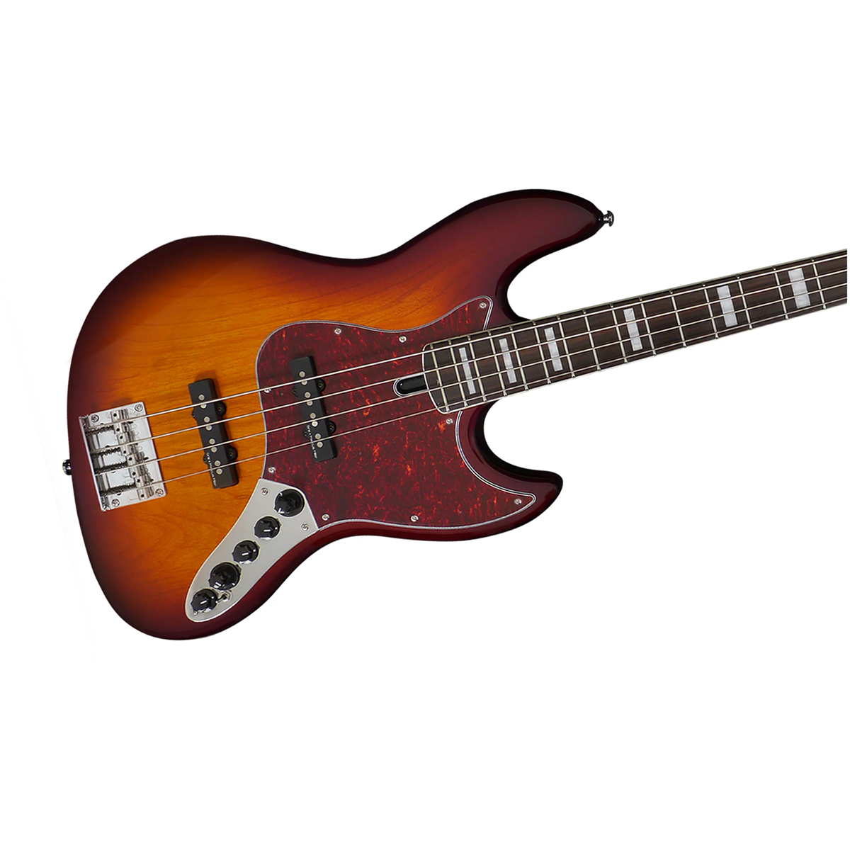 Kaplumbağa kabuğu desenli pickguard'lı dört telli sunburst bas gitar.