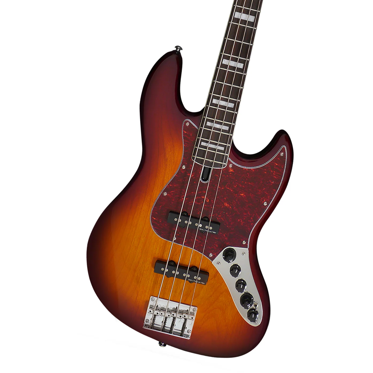 Kaplumbağa kabuğu pena korumalı, gümüş donanımlı, güneş patlaması bas gitar.