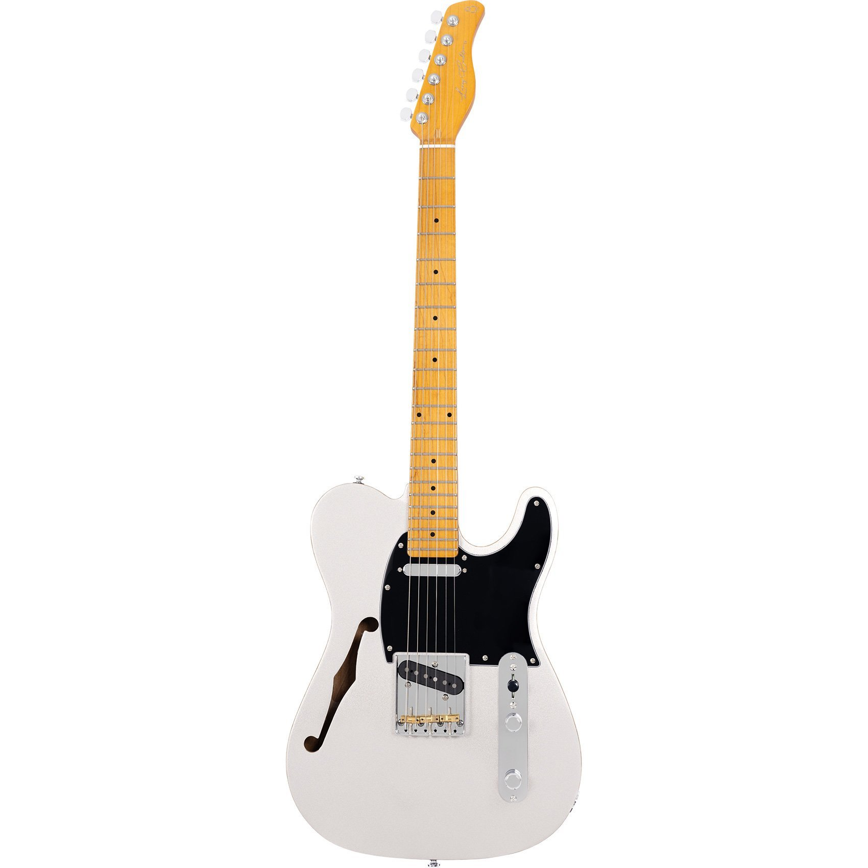 Siyah pena korumalı ve F deliği olan beyaz elektro gitar.