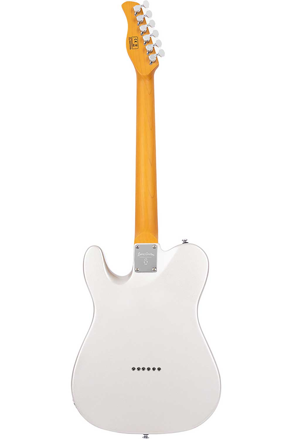 Beyaz elektro gitar, ahşap desenli sap ve gümüş burgularla arkadan görünüm.