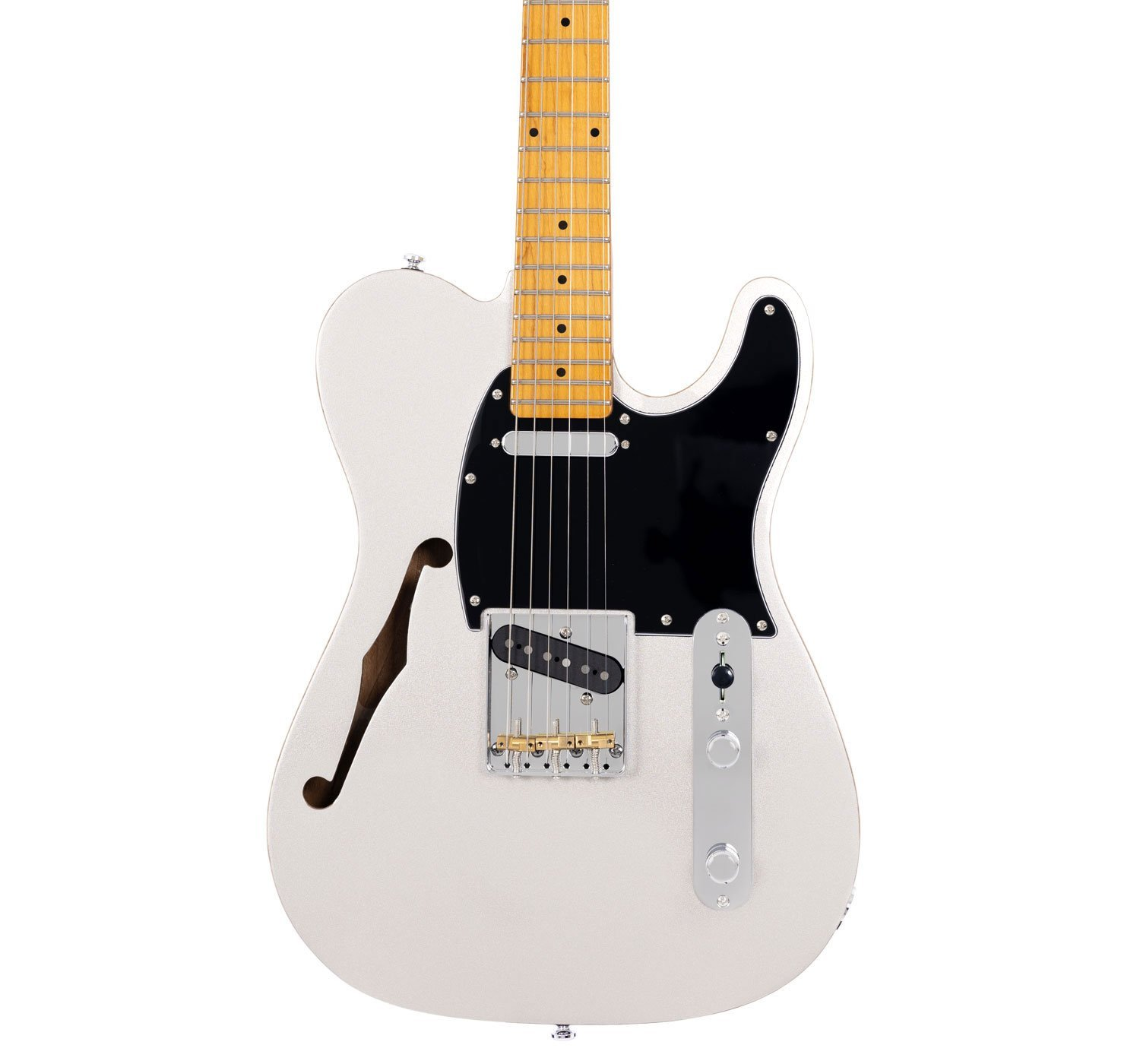 Gümüş rengi, F-deli, siyah pena korumalı, altın telli elektro gitar.