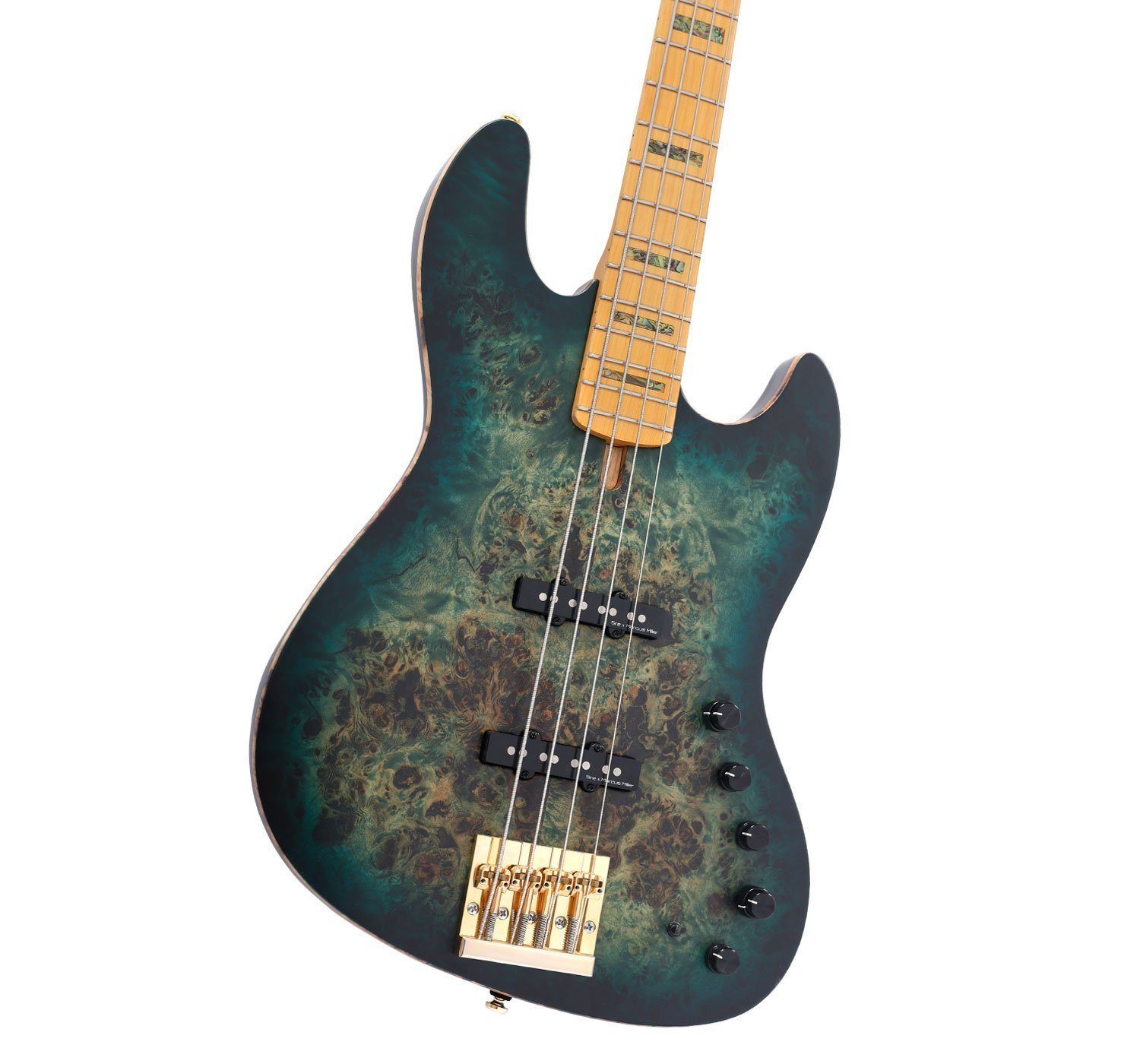 Yeşil ahşap damarlı yüzeyli ve altın donanımlı bas gitar.