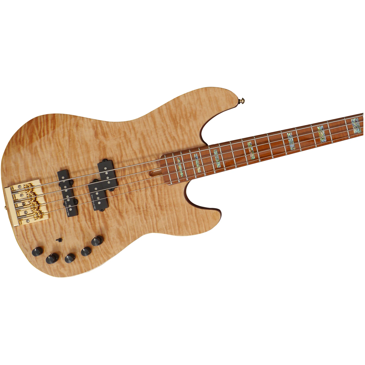 Altın donanımlı ve siyah manyetikli ahşap elektro bas gitar.