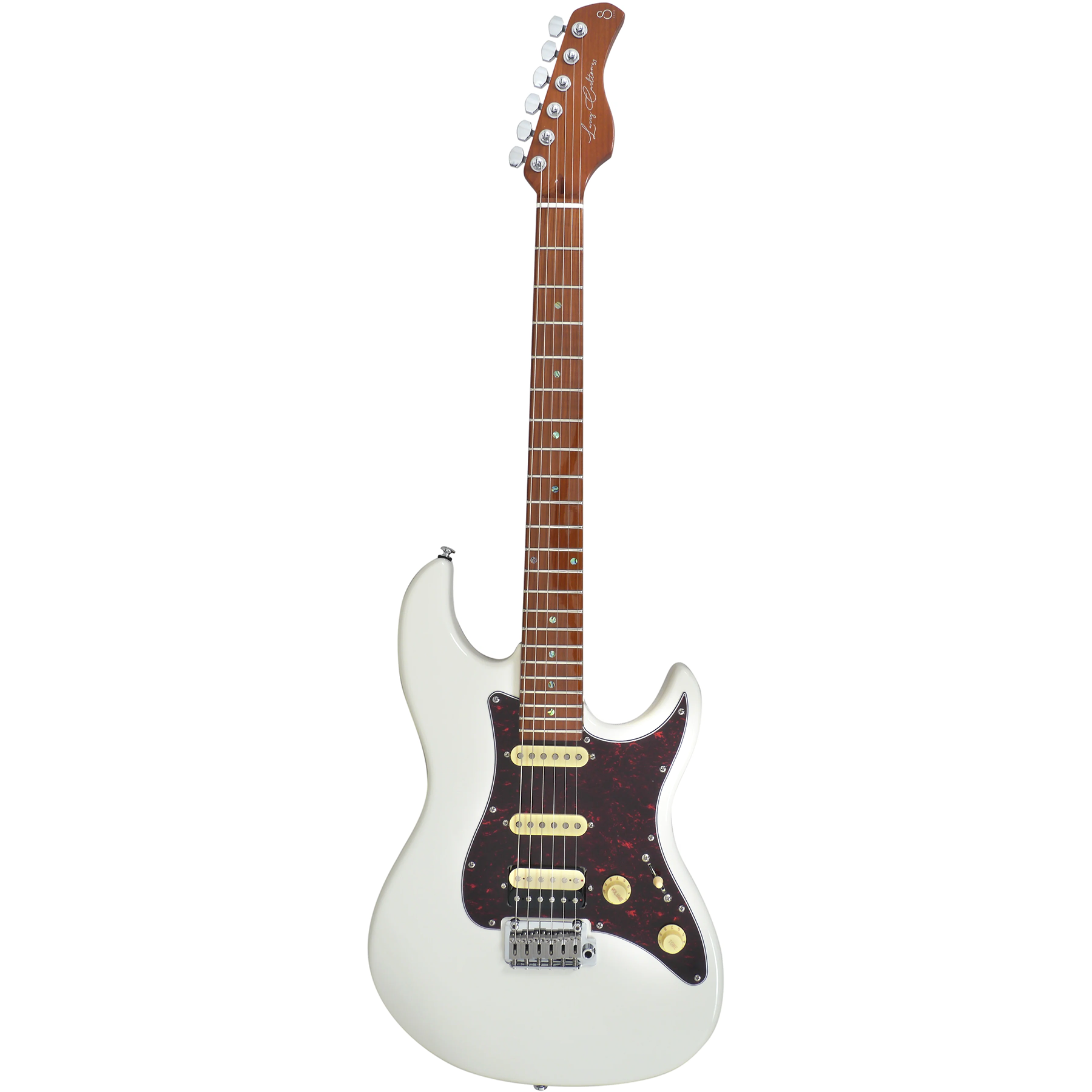 Detaylı pena korumalı, kahverengi saplı ve klavyeli beyaz elektro gitar.
