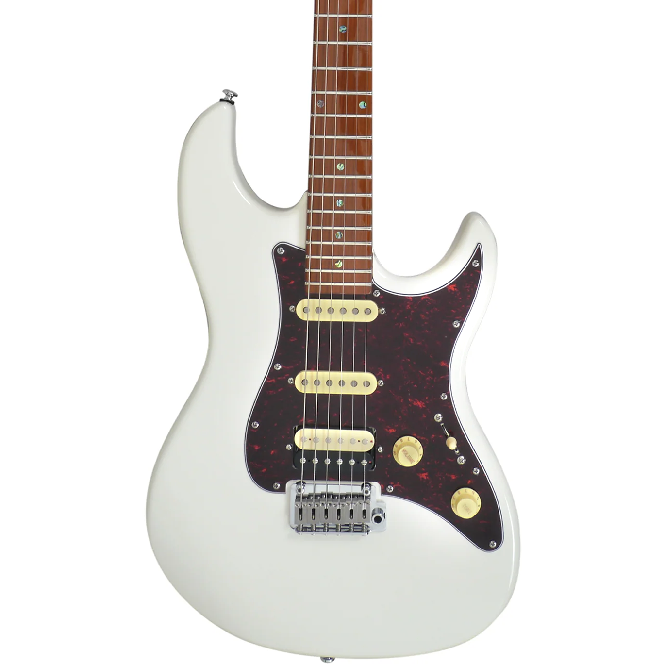 Humbucker manyetikli, kaplumbağa kabuğu pena korumalı ve altın düğmeli beyaz elektro gitar.
