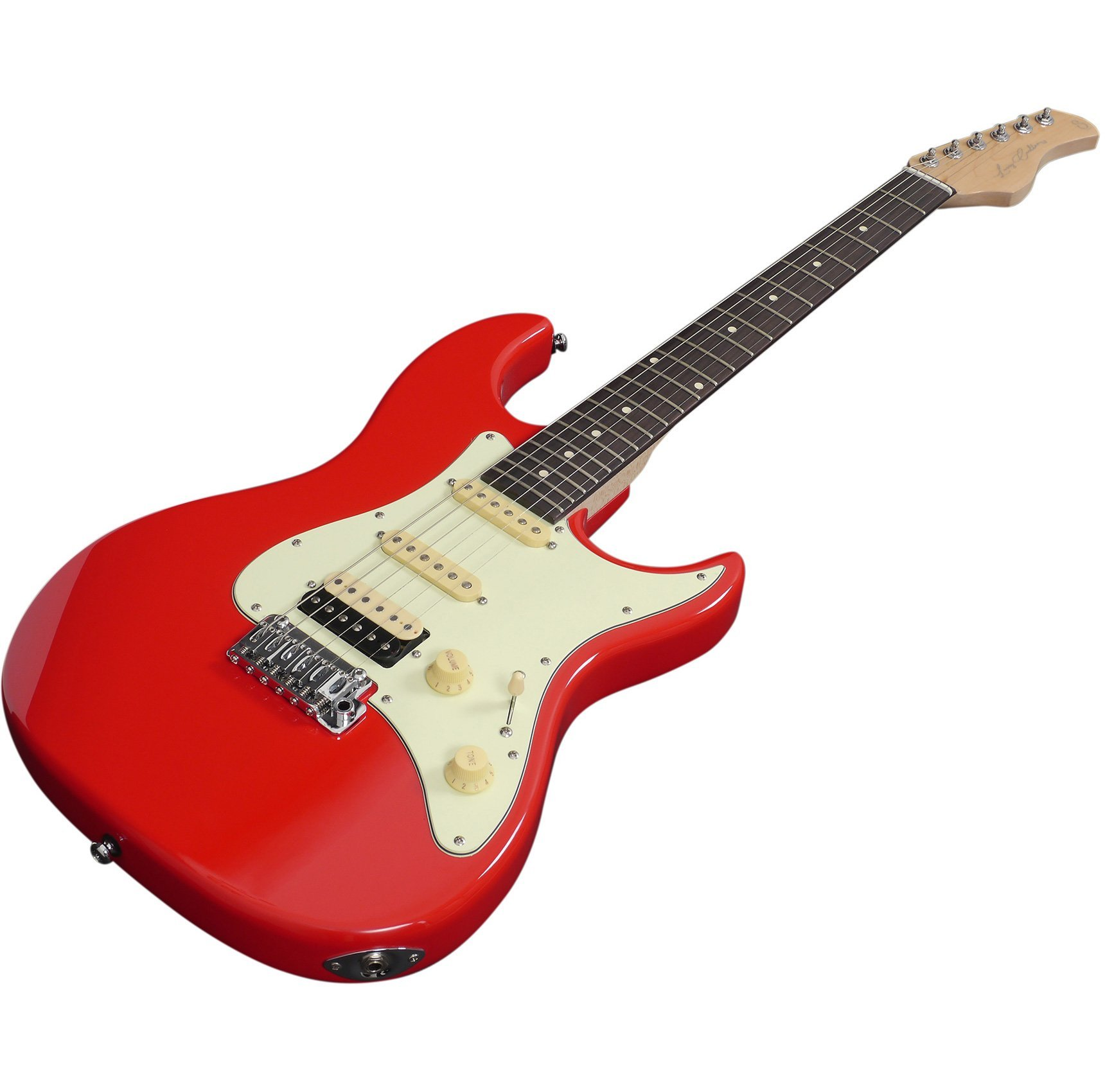 Beyaz pena korumalı, krom donanımlı, kırmızı elektro gitar ve koyu klavyesi.