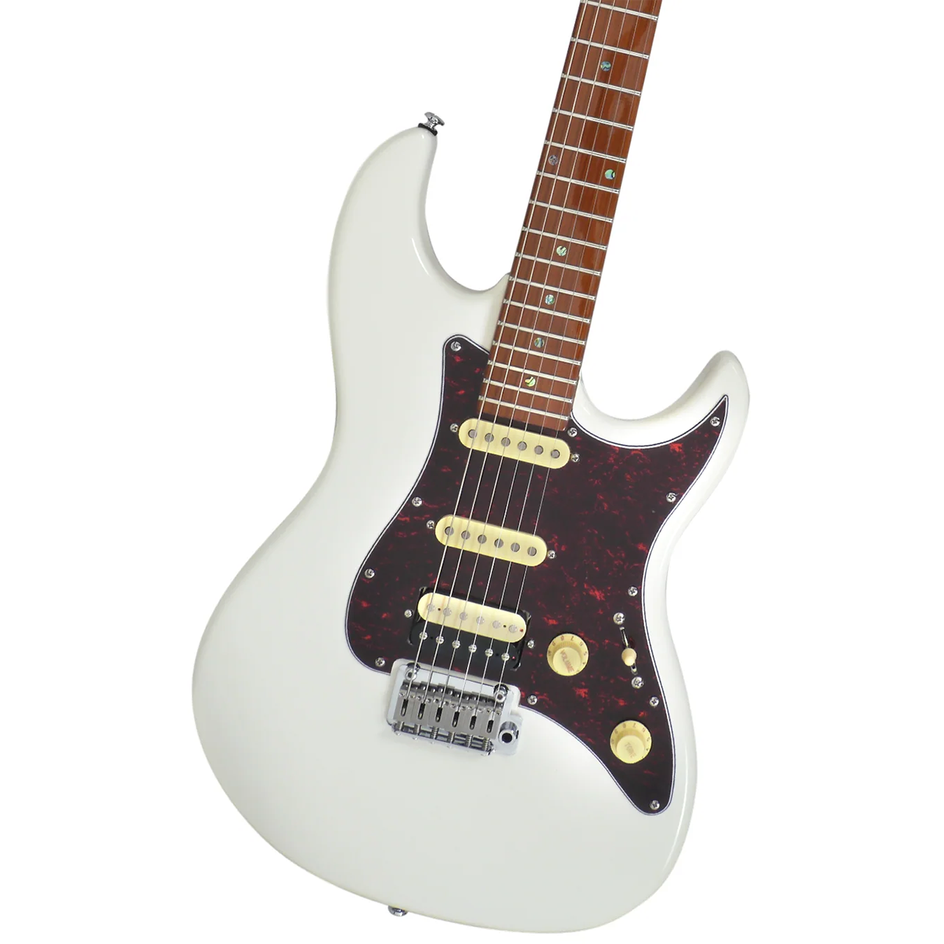 Kırmızı pena korumalı ve altın düğmeli beyaz elektro gitar.