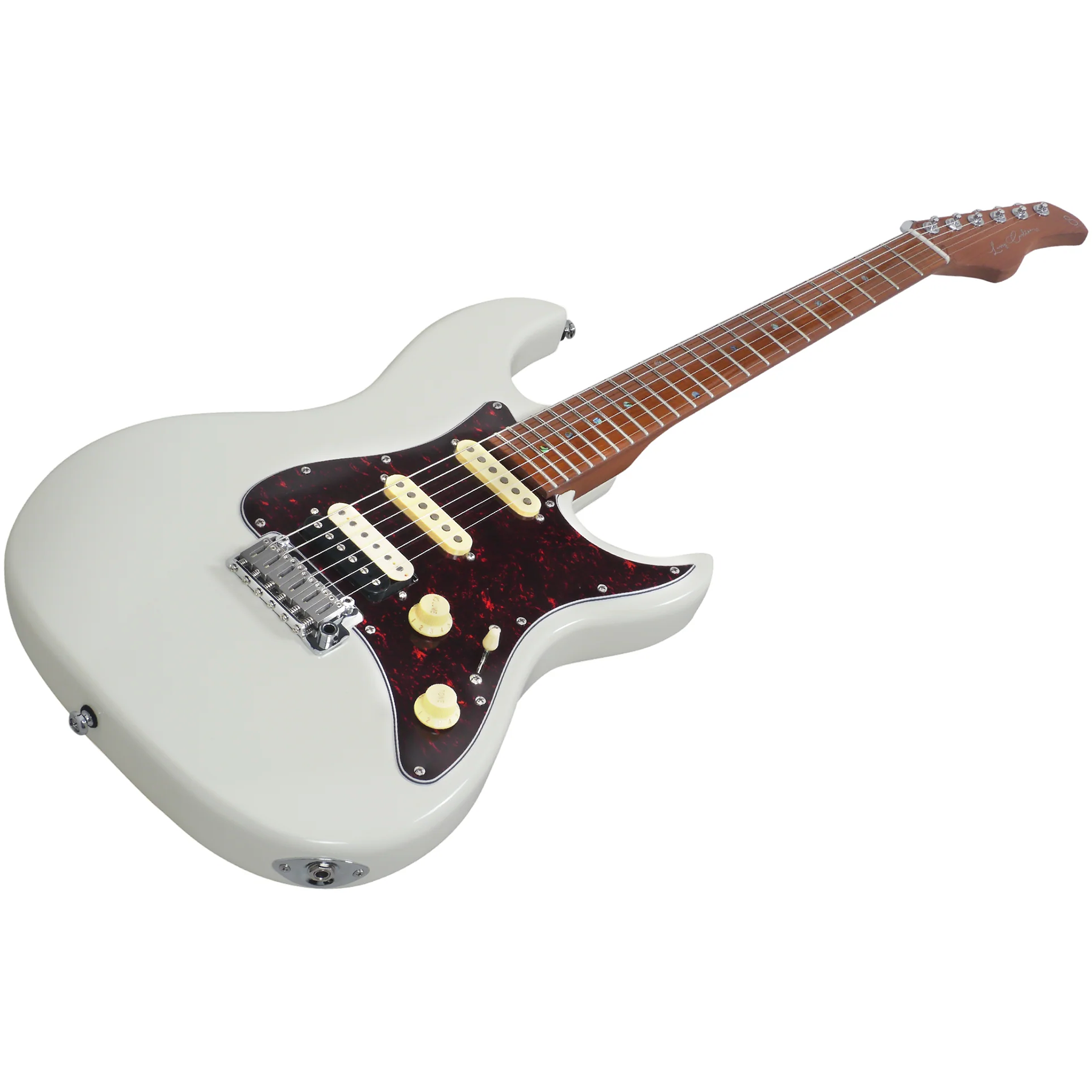 Kahverengi klavyeli ve gümüş donanımlı beyaz elektro gitar gövdesi.