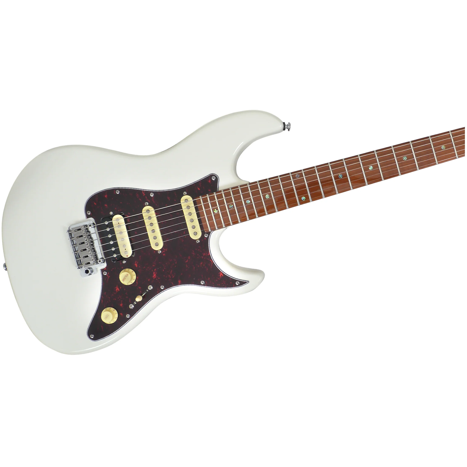 Kaplumbağa kabuğu desenli pena ve gül ağacı klavyeli beyaz elektro gitar.
