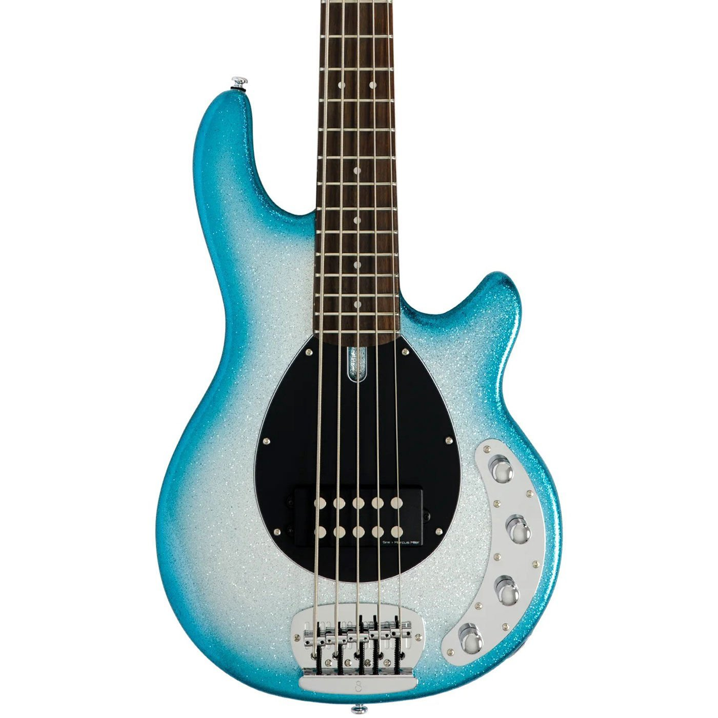 Siyah manyetikli, simli mavi bas gitar.
