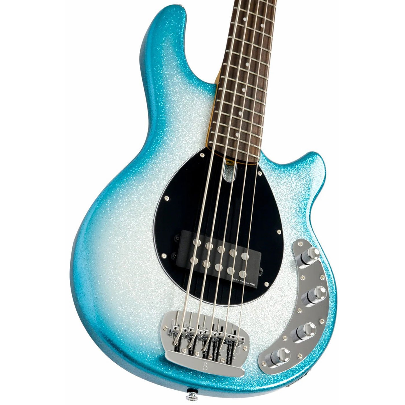 Parlak mavi, beş telli elektro bas gitar, krom donanım ve siyah manyetiği bulunur.