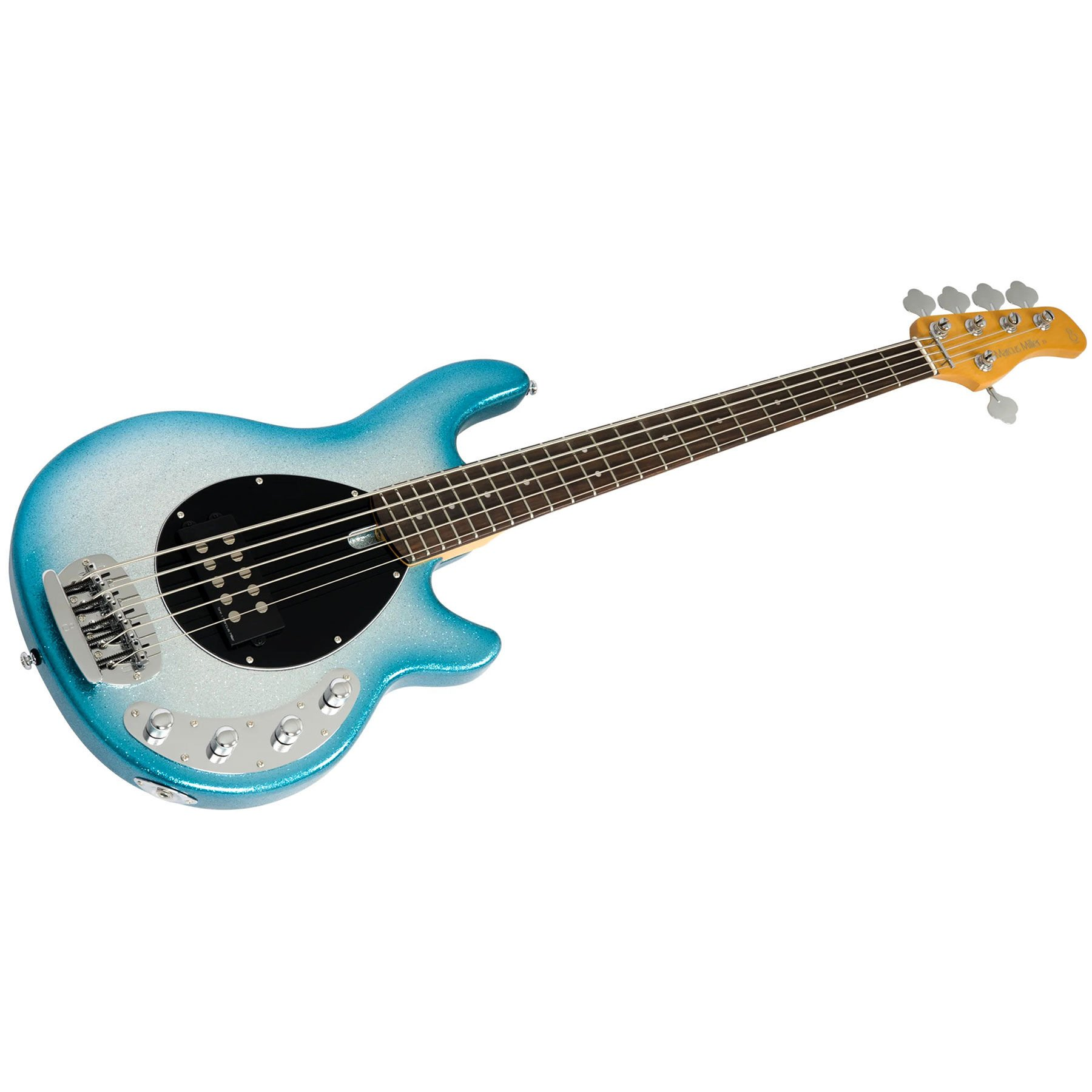 Gümüş düğmeli ve siyah manyetikli, ışıltılı mavi bas gitar.