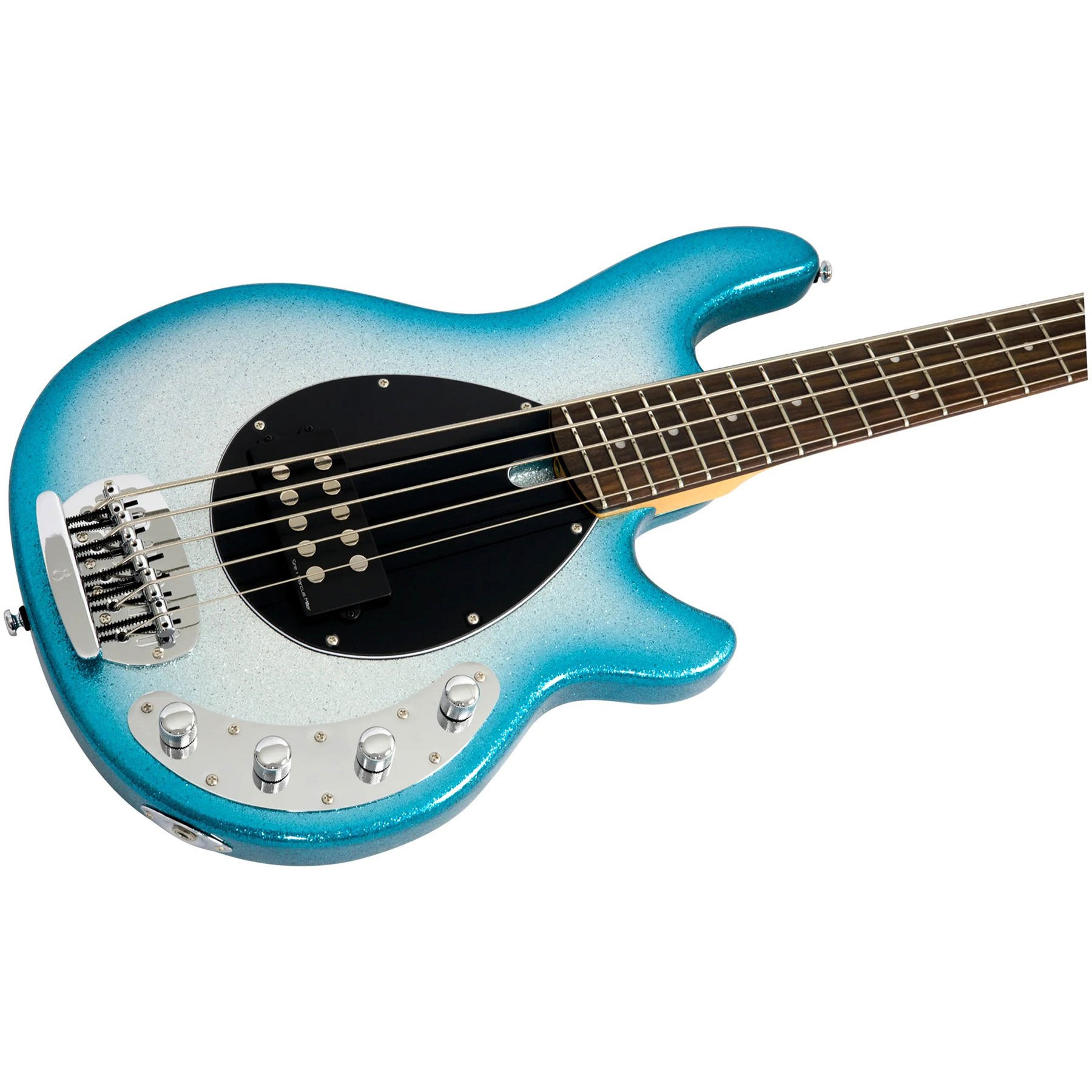 Krom köprülü, siyah manyetikli mavi simli bas gitar.