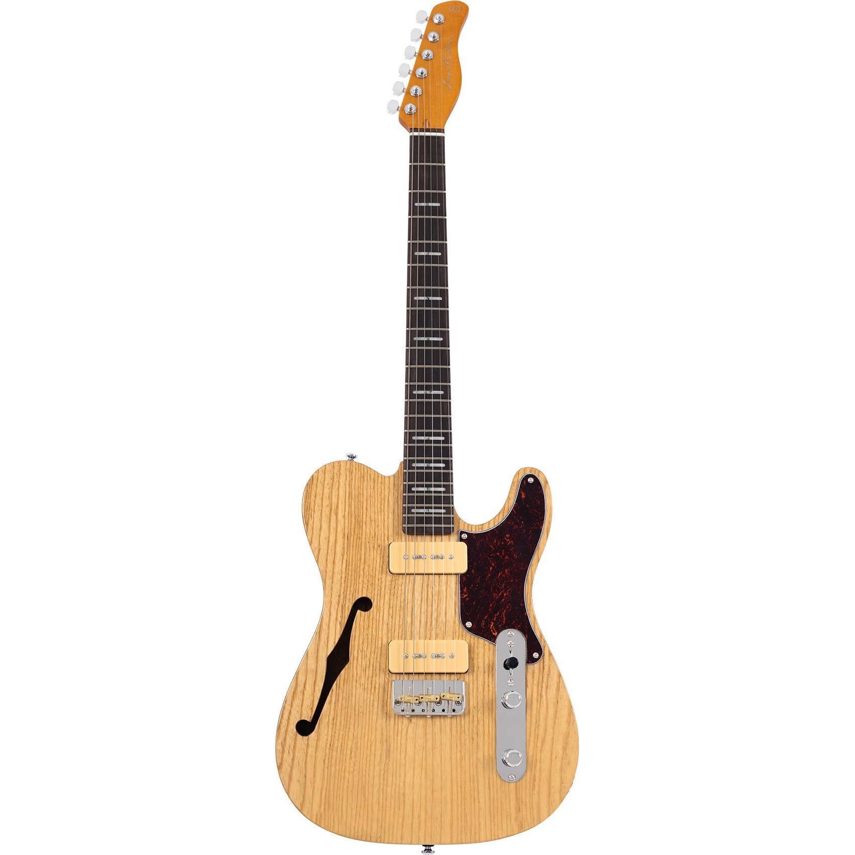 F-deli, kaplumbağa kabuğu pena korumalı ve gümüş donanımlı ahşap elektro gitar.