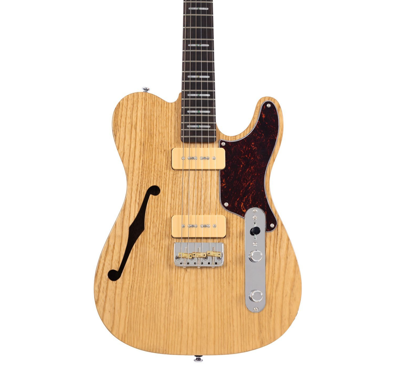 Siyah f-deliği, iki krem rengi manyetiği ve kaplumbağa kabuğu desenli pickguard'ı olan doğal ahşap görünümlü bir elektro gitar.