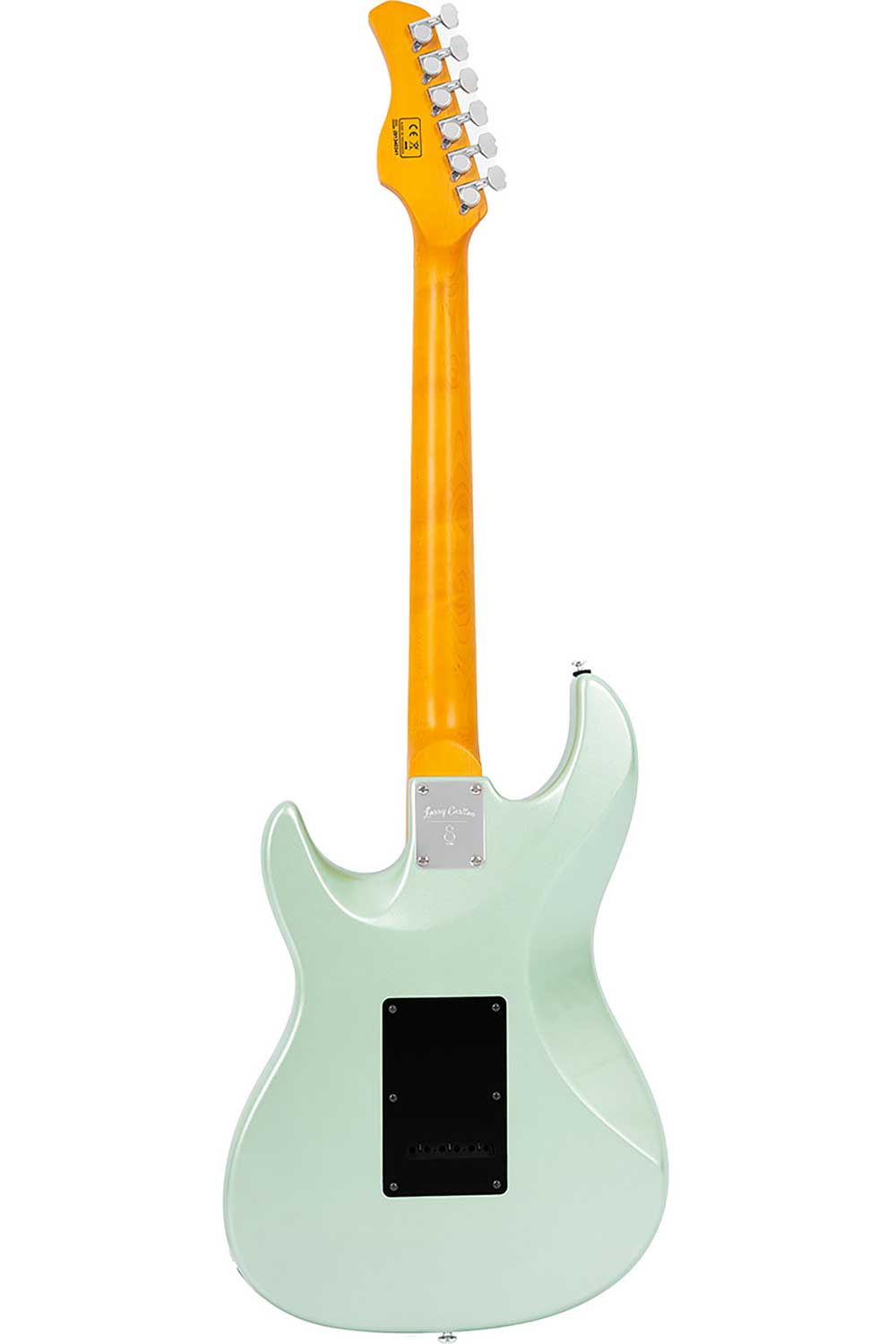 Parlak turuncu sapa ve başına sahip açık yeşil elektro gitarın arka görünümü.