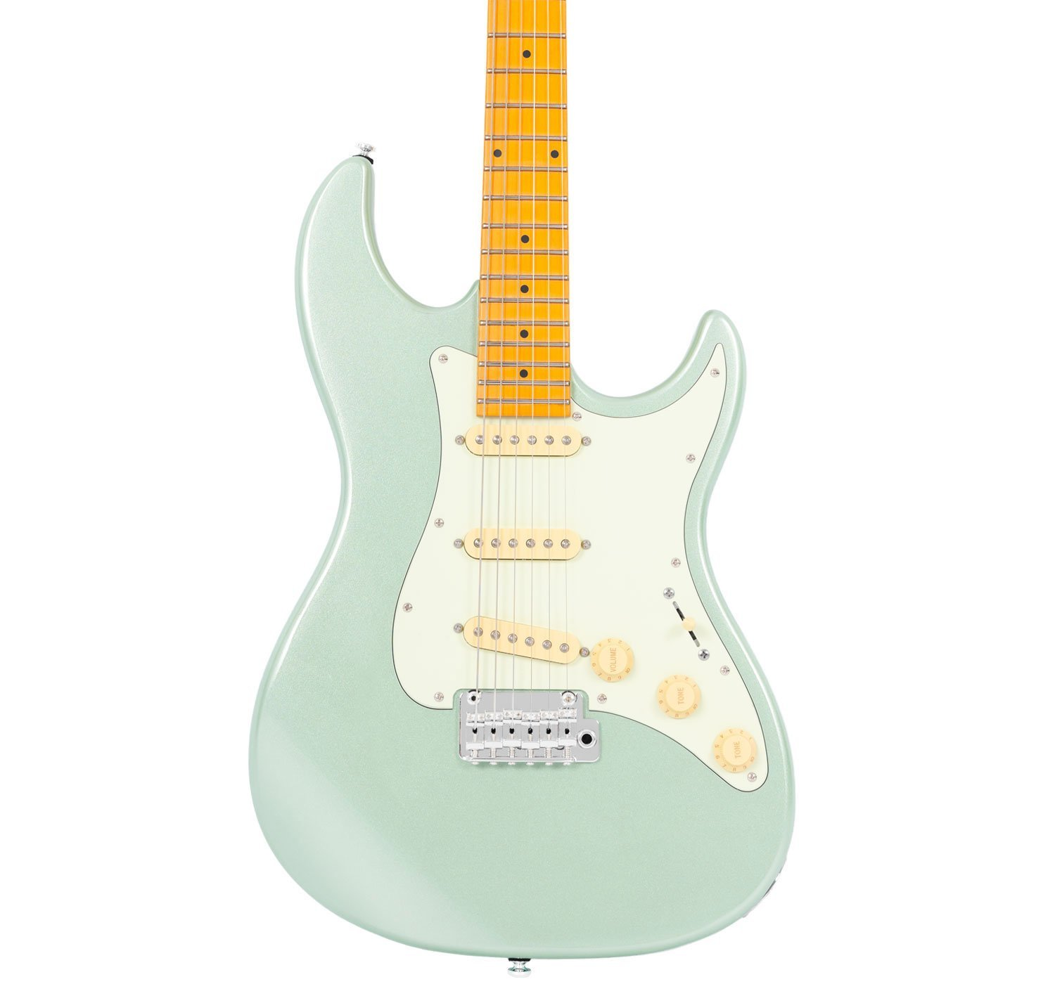 Beyaz pena korumalı ve sarı klavyeli açık yeşil elektro gitar.