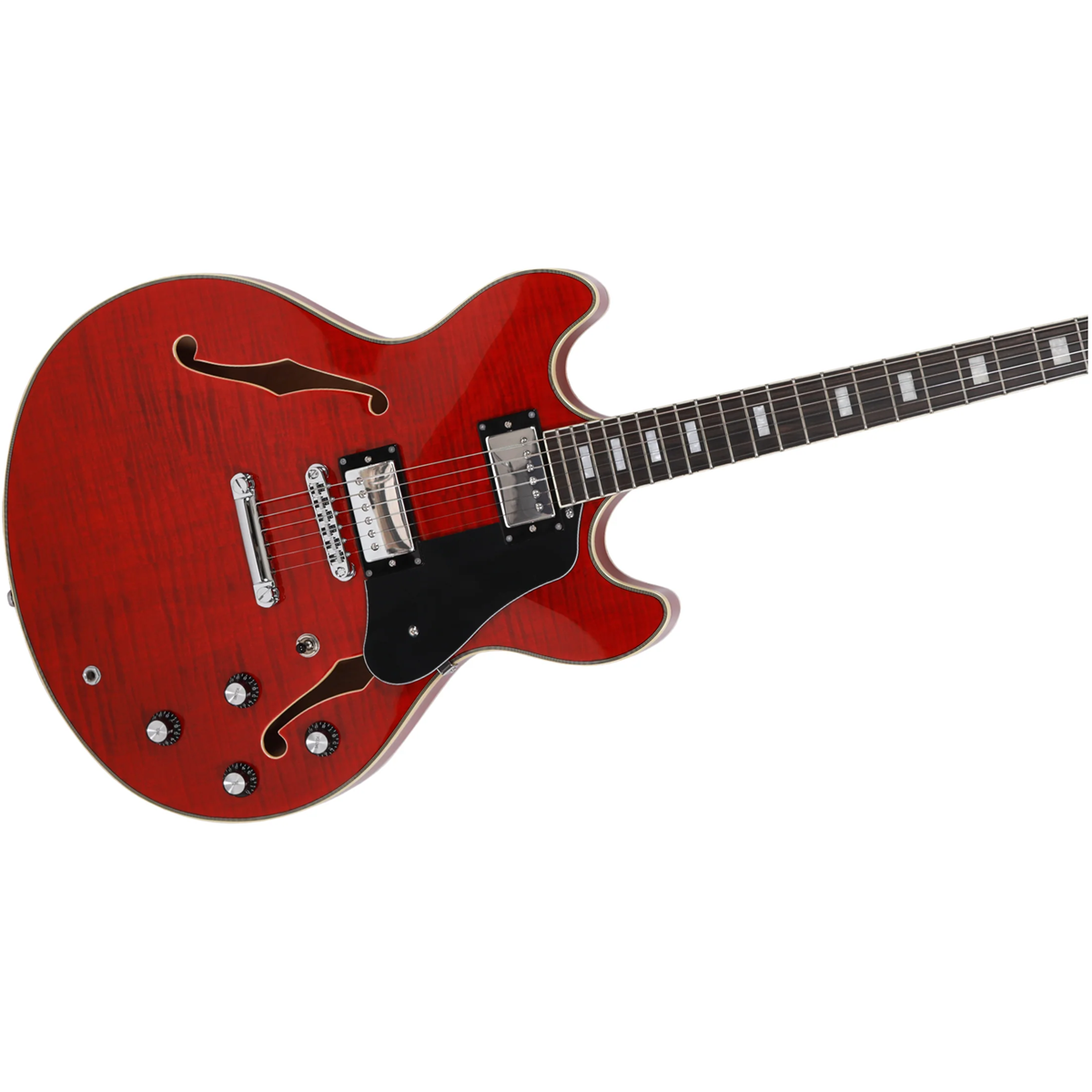 Gümüş donanıma sahip kırmızı hollow-body elektro gitar.
