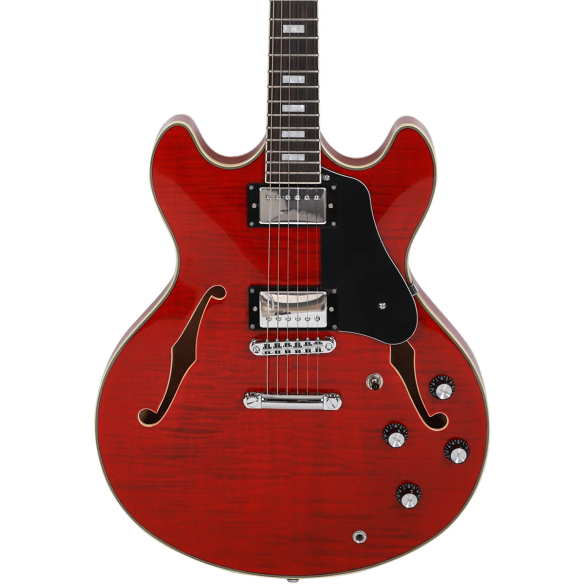 Gümüş donanımlı kırmızı, yarı boş gövdeli elektro gitar.