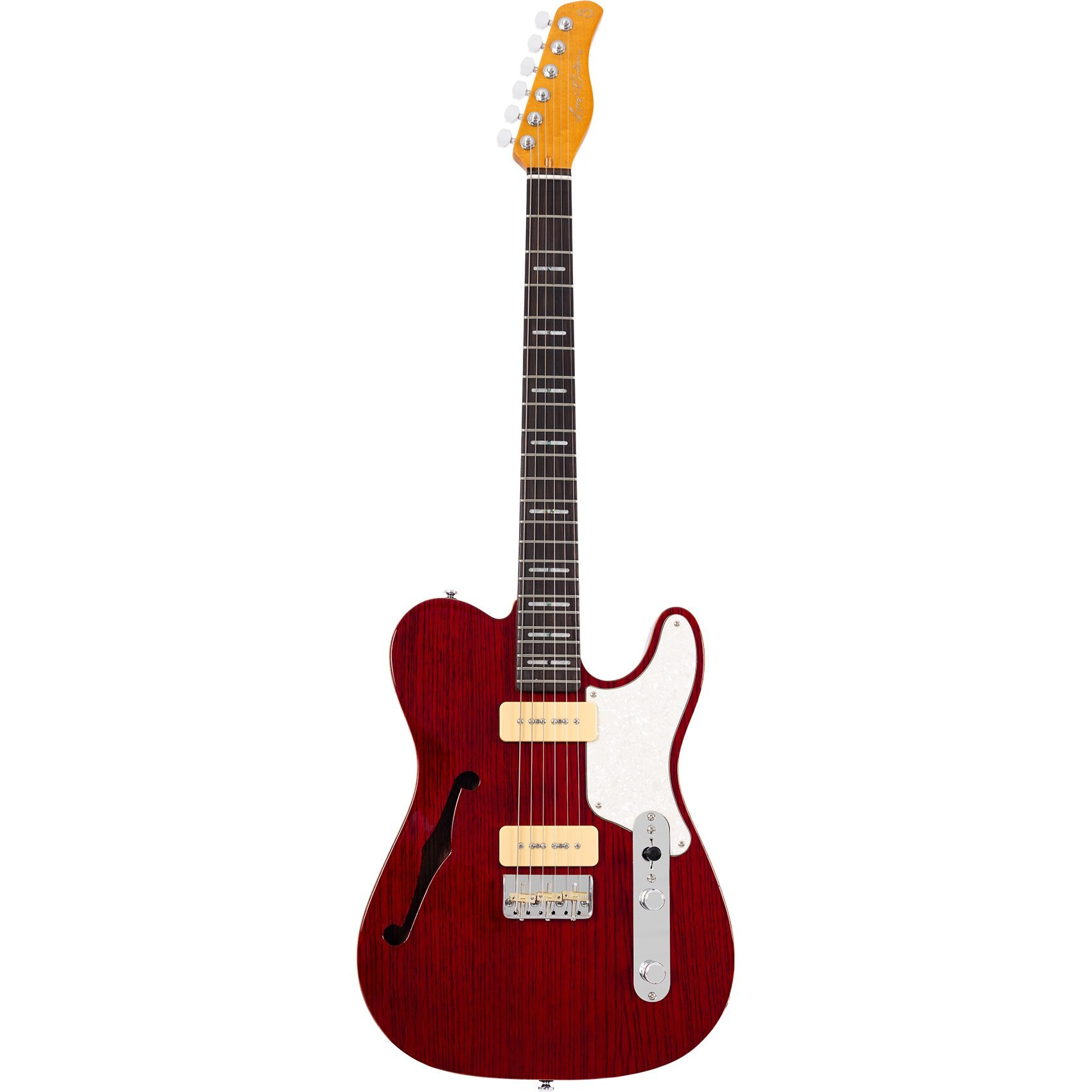 F-deli, beyaz pena korumalı ve altın donanımlı kırmızı elektro gitar.