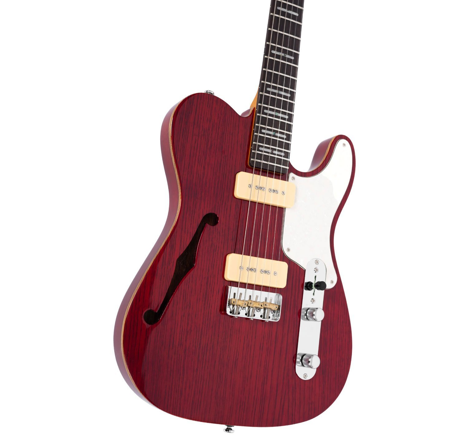 İki manyetikli ve gümüş donanımlı kırmızı yarı-oyuklu elektro gitar.