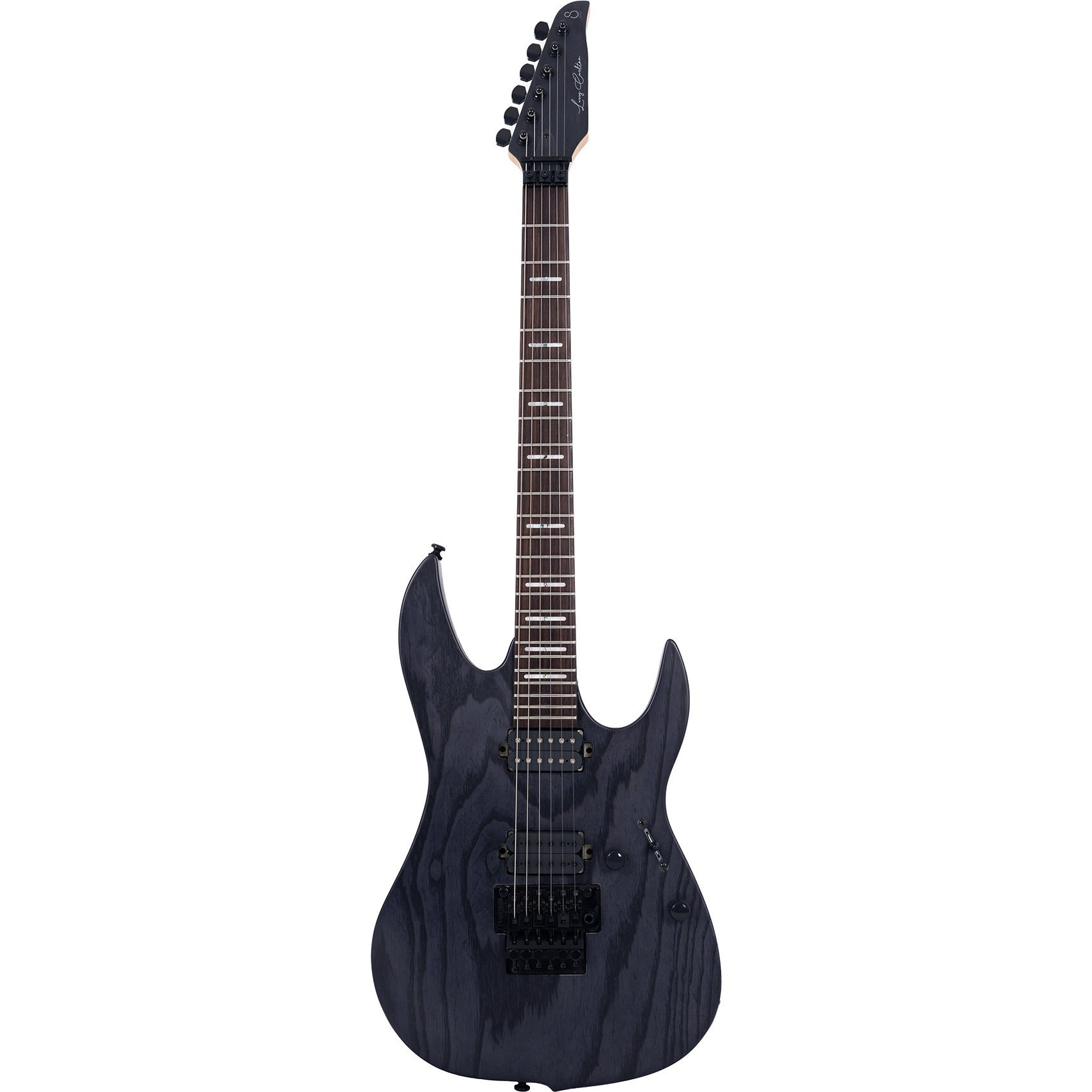 Klavye, perdeler, burgular ve gövde ile siyah elektro gitar sapı.